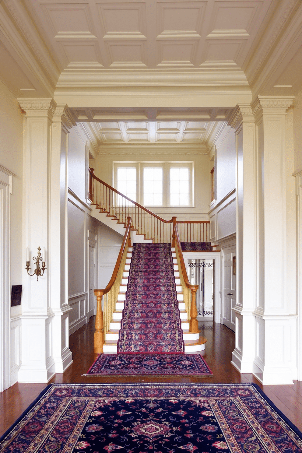 A grand Georgian-style staircase features a symmetrical design with elegant wooden balustrades and a polished oak handrail. The staircase is flanked by large, ornate columns, and the walls are adorned with classic wainscoting in a soft cream color, enhancing the timeless aesthetic. At the base of the staircase, a richly patterned Persian rug adds warmth and texture, while a pair of antique sconces illuminate the space with a soft glow. The ceiling above is intricately coffered, lending an air of sophistication to this traditional entryway.