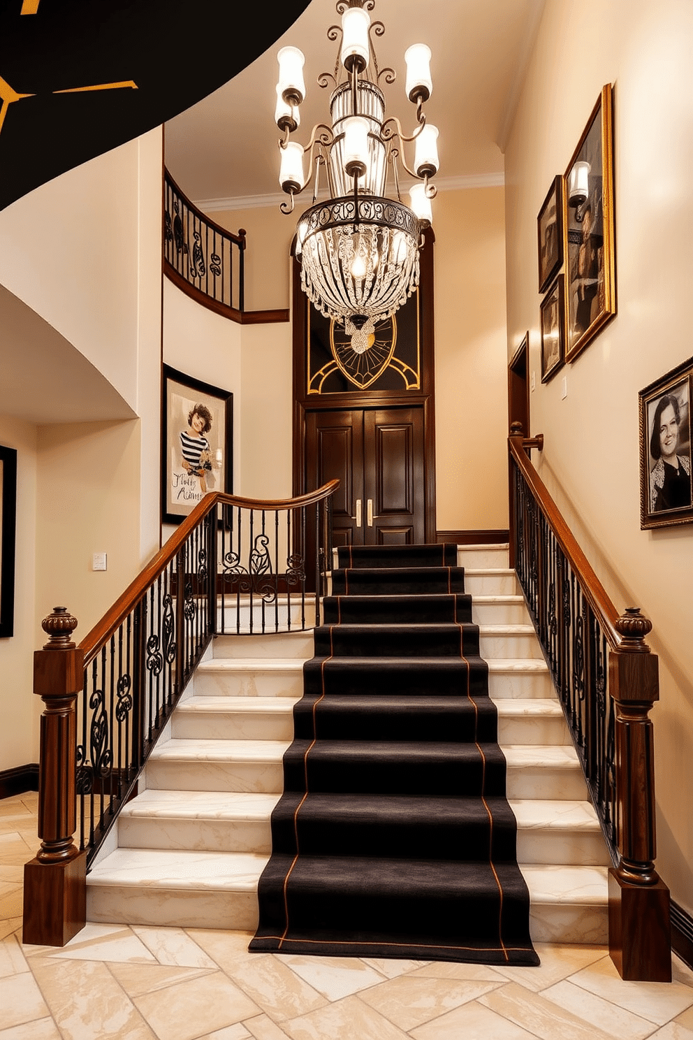 Art Deco staircase featuring bold geometric patterns, with a sleek black and gold color scheme. The staircase is adorned with intricate wrought iron railings and a stunning chandelier hanging above, casting a warm glow on the polished marble steps. Traditional staircase design showcasing rich wooden banisters and classic spindles. The steps are carpeted in a luxurious runner, and the walls are embellished with framed family portraits, creating an inviting and timeless atmosphere.