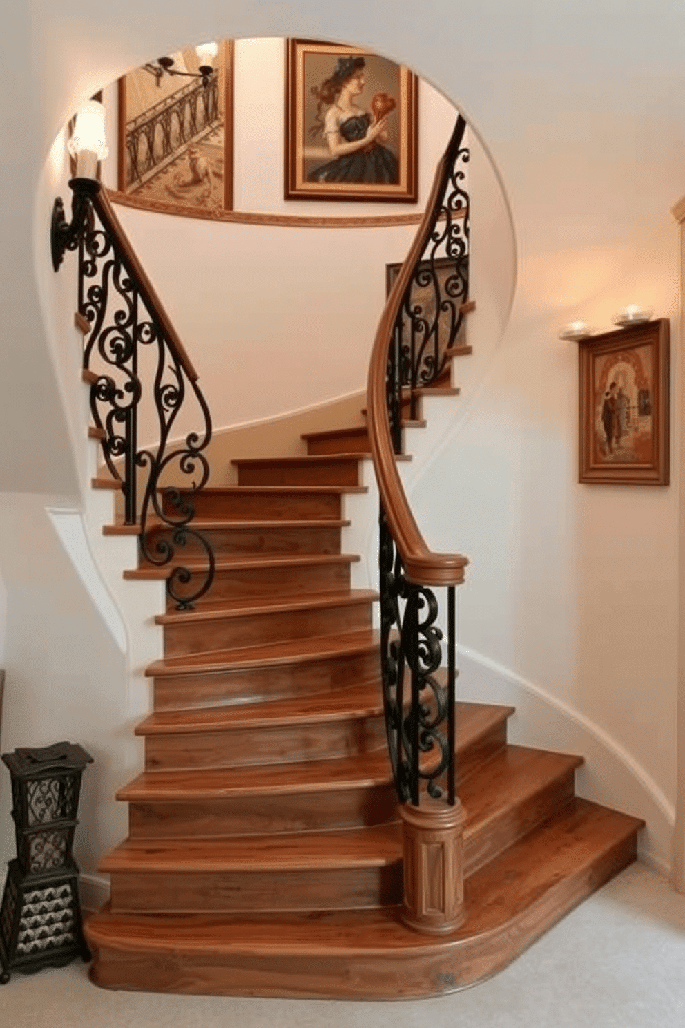 A charming French country staircase features rustic wooden steps that gracefully curve upward. The staircase is adorned with intricate wrought iron railings, showcasing elegant scrollwork that adds a touch of sophistication. The walls surrounding the staircase are painted in a soft, creamy white, enhancing the warmth of the wooden elements. Decorative sconces illuminate the space, casting a warm glow on the vintage-style artwork that lines the walls.