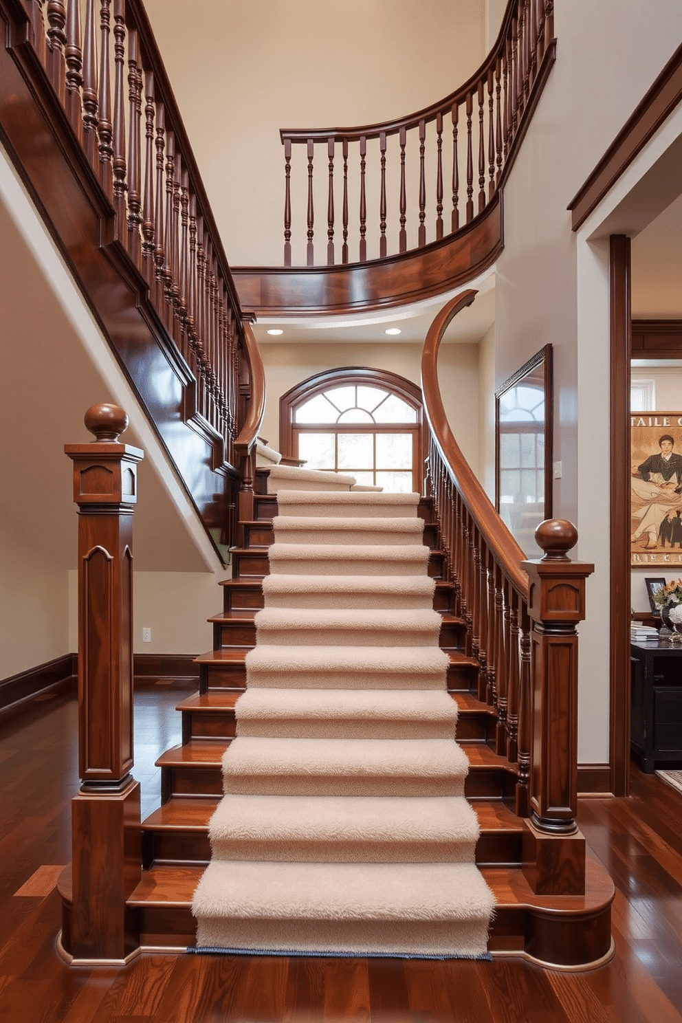 A stunning curved staircase with rich wood finishes gracefully sweeps through the foyer, showcasing intricate balusters and a polished handrail. The steps are adorned with a plush runner that adds warmth and texture, complementing the elegant wood tones.