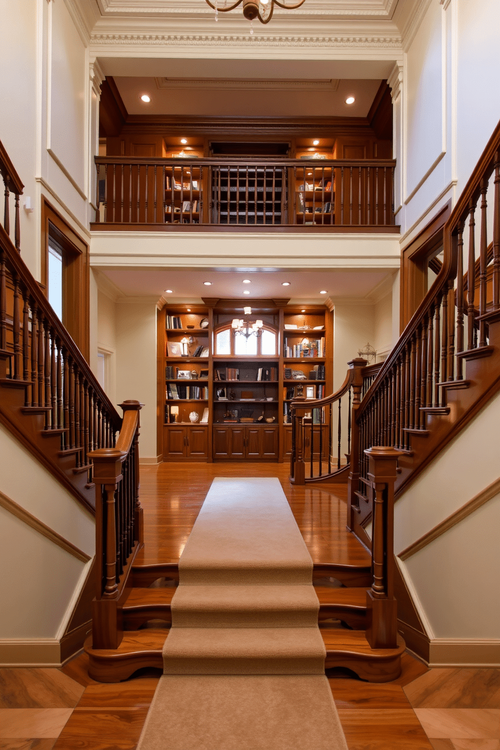 A grand staircase features elegant wooden steps with a polished finish, leading to a spacious landing adorned with intricate moldings. Underneath, built-in bookcases display an array of books and decorative items, framed by warm ambient lighting that enhances the rich wood tones. The walls are painted in a soft cream color, complementing the staircase's classic design. A plush runner rug in muted tones adds comfort and style, inviting guests to explore the upper levels of the home.