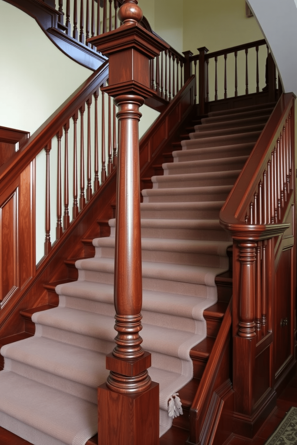 Classic staircase featuring a grand newel post. The staircase is adorned with rich mahogany wood, showcasing intricate balustrades and a plush runner that adds warmth and elegance.