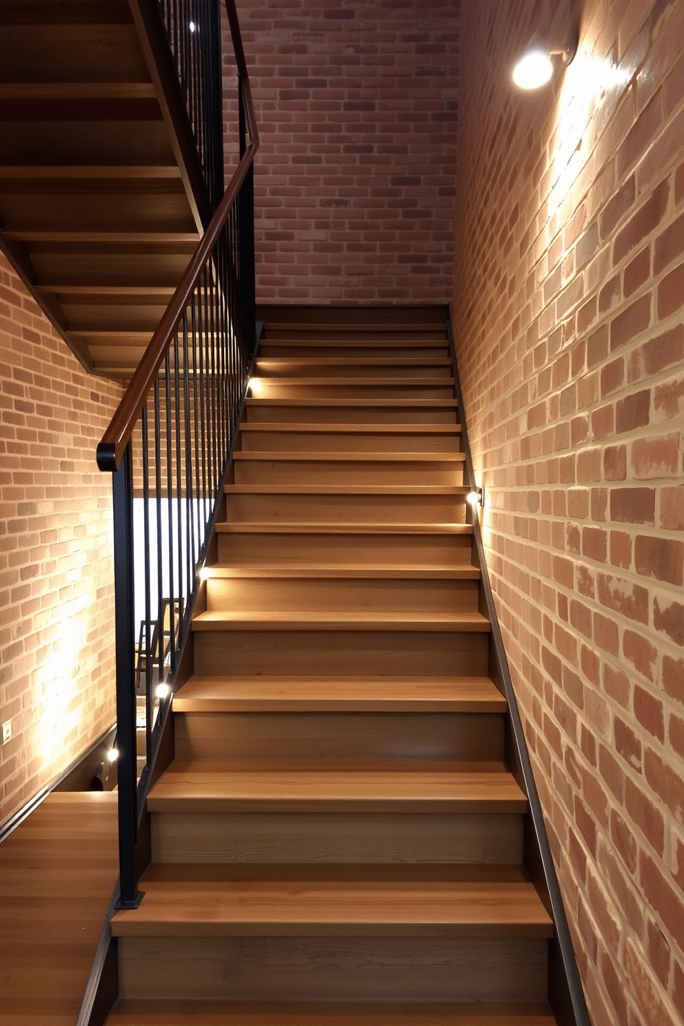 A rustic staircase featuring reclaimed wood treads, showcasing the natural grain and texture of the wood. The balustrade is crafted from wrought iron, adding an elegant contrast to the warm tones of the treads. Soft, ambient lighting illuminates the staircase, highlighting the craftsmanship and inviting a cozy atmosphere. Surrounding the staircase, exposed brick walls provide a charming backdrop, enhancing the rustic aesthetic.