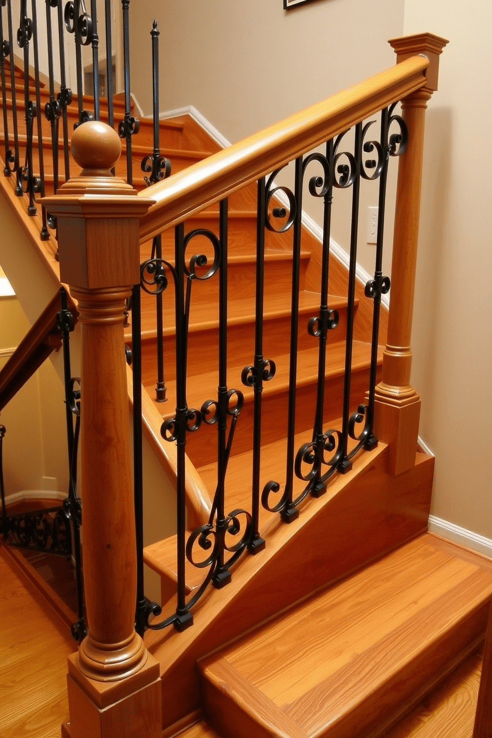 A classic wrought iron railing gracefully complements the warm wooden stairs, creating an inviting and timeless atmosphere. The intricate detailing of the railing adds elegance, while the rich tones of the wood enhance the overall aesthetic of the traditional staircase design.