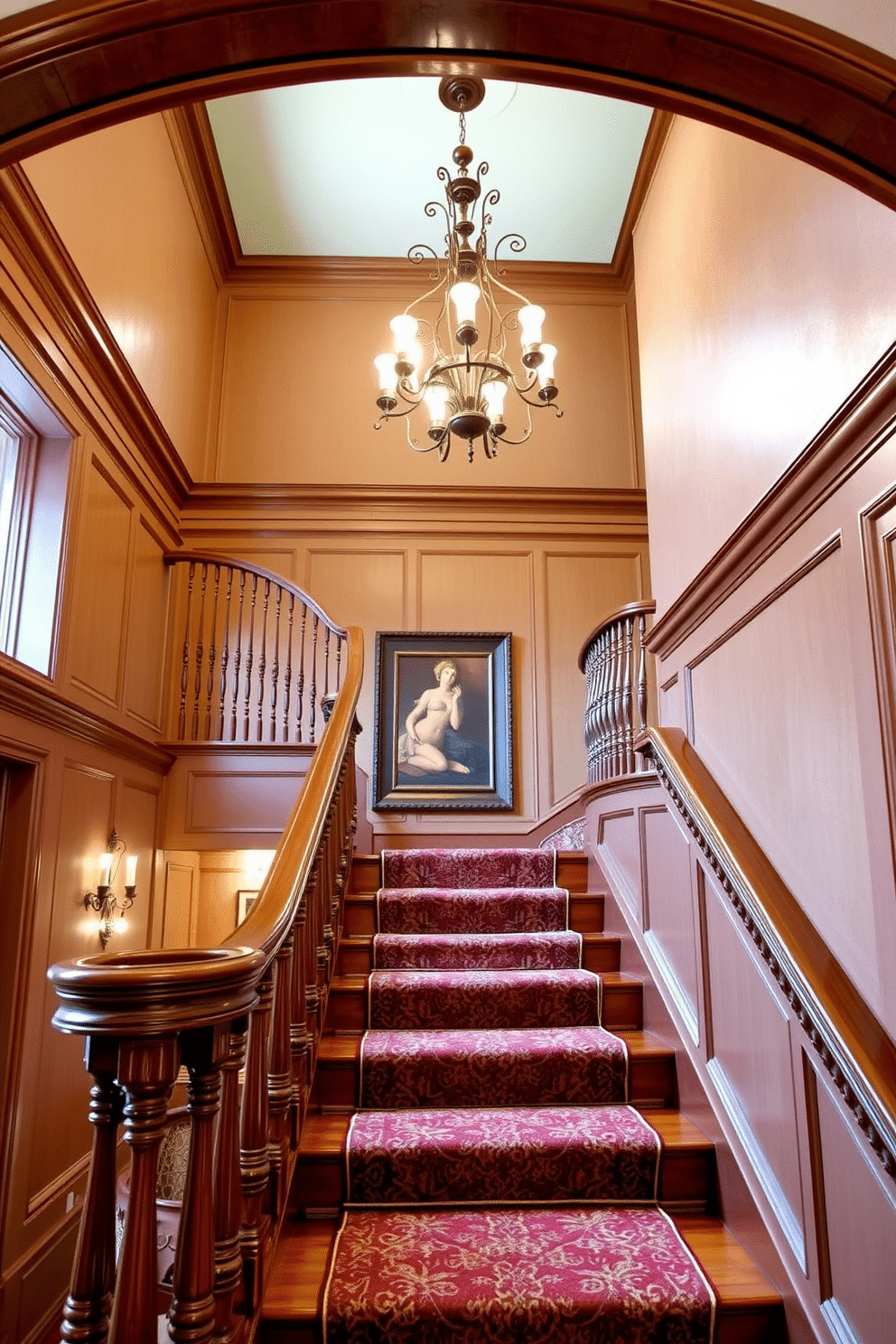 A traditional staircase with intricate decorative molding, featuring a polished wooden banister that curves gracefully. The walls are adorned with elegant wainscoting, and the staircase is illuminated by a vintage chandelier hanging from the ceiling above. The steps are covered in a rich, patterned runner that complements the wood tones, leading to a landing that showcases a beautiful piece of artwork. Soft, ambient lighting highlights the details of the molding and enhances the warm, inviting atmosphere of the space.