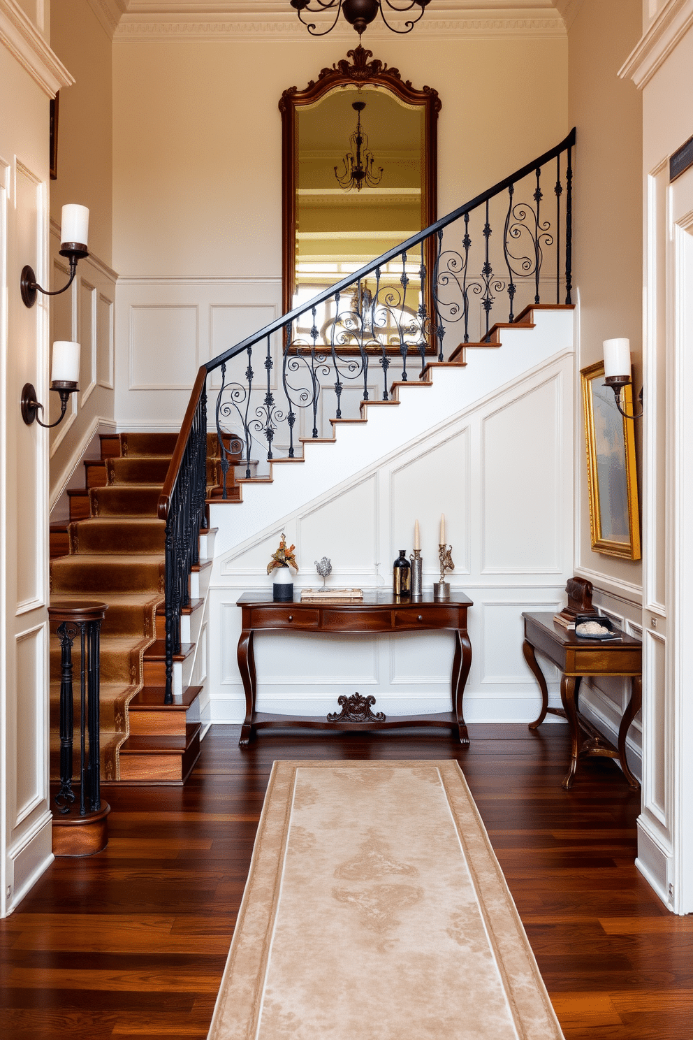 An elegant staircase features a plush velvet runner that cascades down the center, adding a touch of luxury to the wooden steps. The walls are adorned with classic wainscoting painted in a soft cream color, complemented by elegant sconces that provide warm lighting. At the base of the staircase, a beautiful console table showcases a curated selection of decorative objects and a large mirror above it. The staircase is framed by a wrought iron railing, which adds an intricate detail to the overall traditional design.