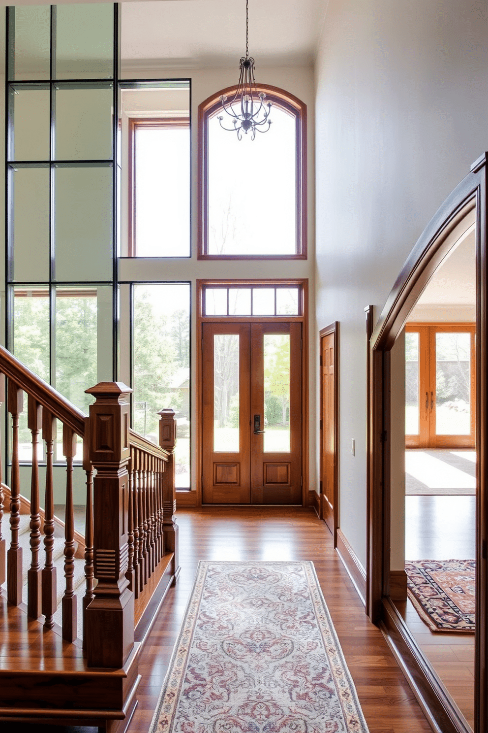 Open staircase with sleek glass paneling, allowing natural light to flow through the space. The staircase features wooden treads that contrast beautifully with the modern glass, creating a stunning focal point in the entryway. Traditional staircase design with ornate wooden balusters and a richly stained handrail. The steps are covered in a plush runner, adding warmth and elegance to the classic architectural style.