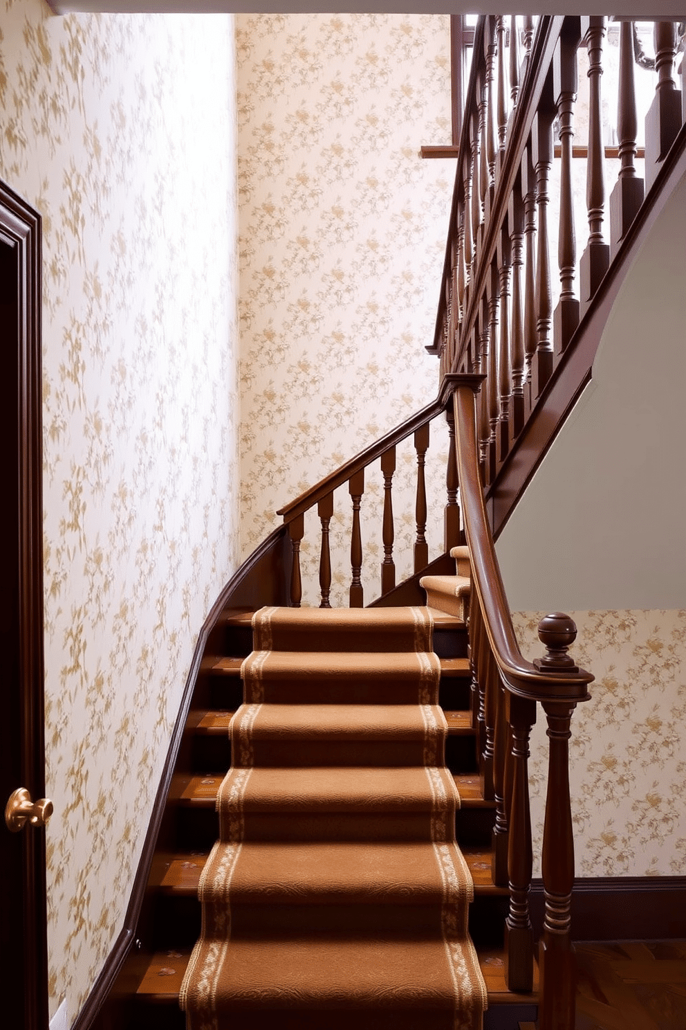 A classic staircase featuring elegant wooden banisters and a plush runner that adds warmth to the space. The walls are adorned with floral wallpaper, showcasing a delicate pattern that enhances the traditional charm of the design.