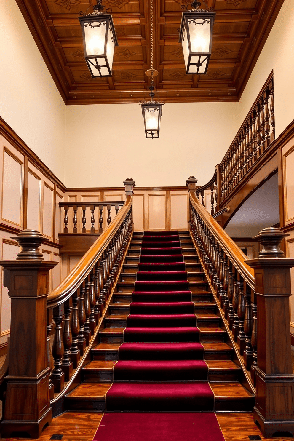 A grand staircase with intricate woodwork, featuring a polished oak banister and ornate spindles. Antique-style lanterns hang from the ceiling, casting a warm glow on the rich mahogany steps. The walls are adorned with classic wainscoting, painted in a soft cream color that complements the dark wood. A plush runner in deep burgundy runs along the center of the staircase, adding a touch of elegance and comfort.