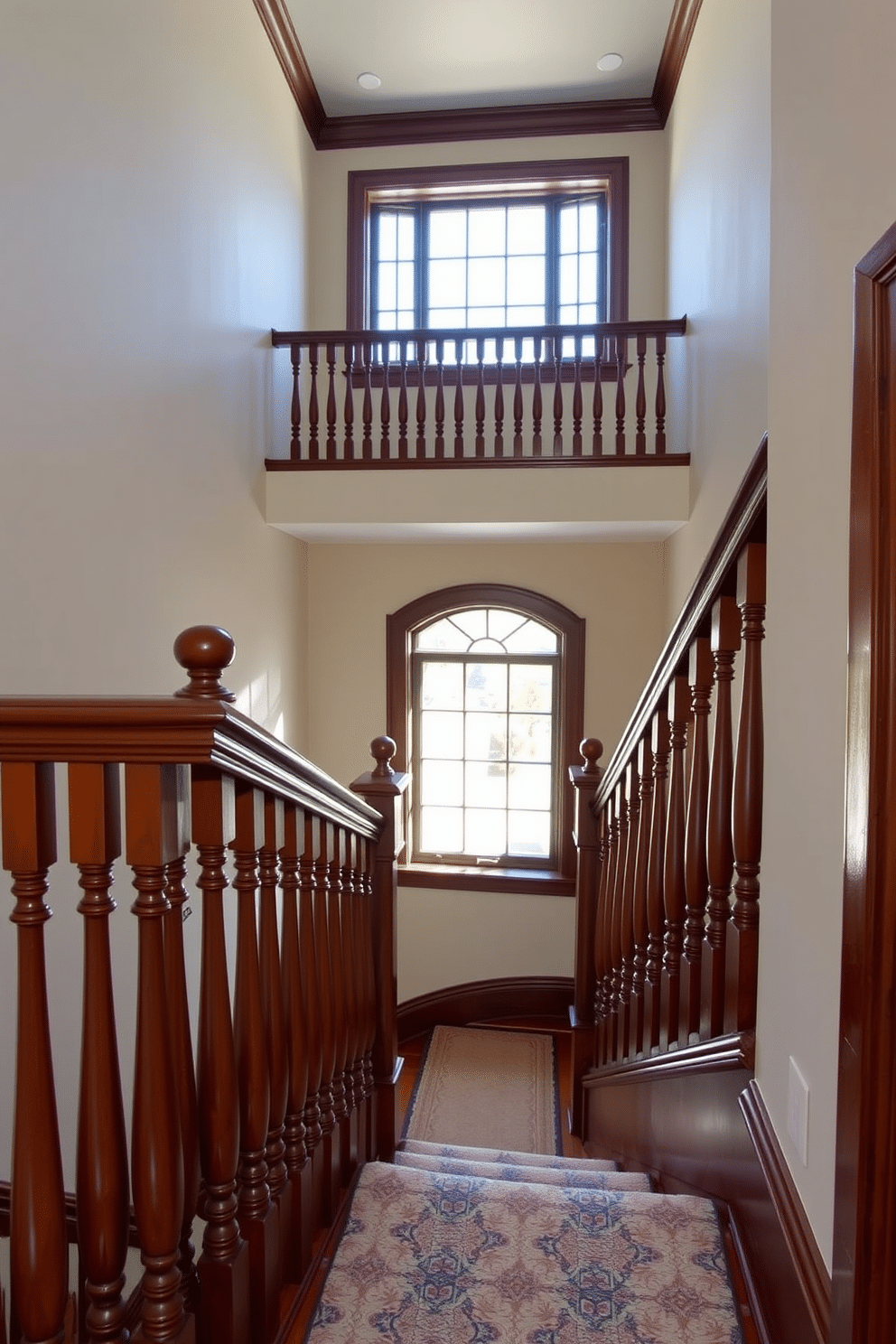 A grand colonial staircase features elegantly turned balusters crafted from rich mahogany, showcasing intricate detailing. The staircase is adorned with a plush runner that complements the warm tones of the wood, leading gracefully to the upper floor. Natural light floods the space through a large window at the landing, highlighting the polished wood and the classic craftsmanship. The walls are painted in a soft cream, providing a timeless backdrop that enhances the staircase's architectural beauty.