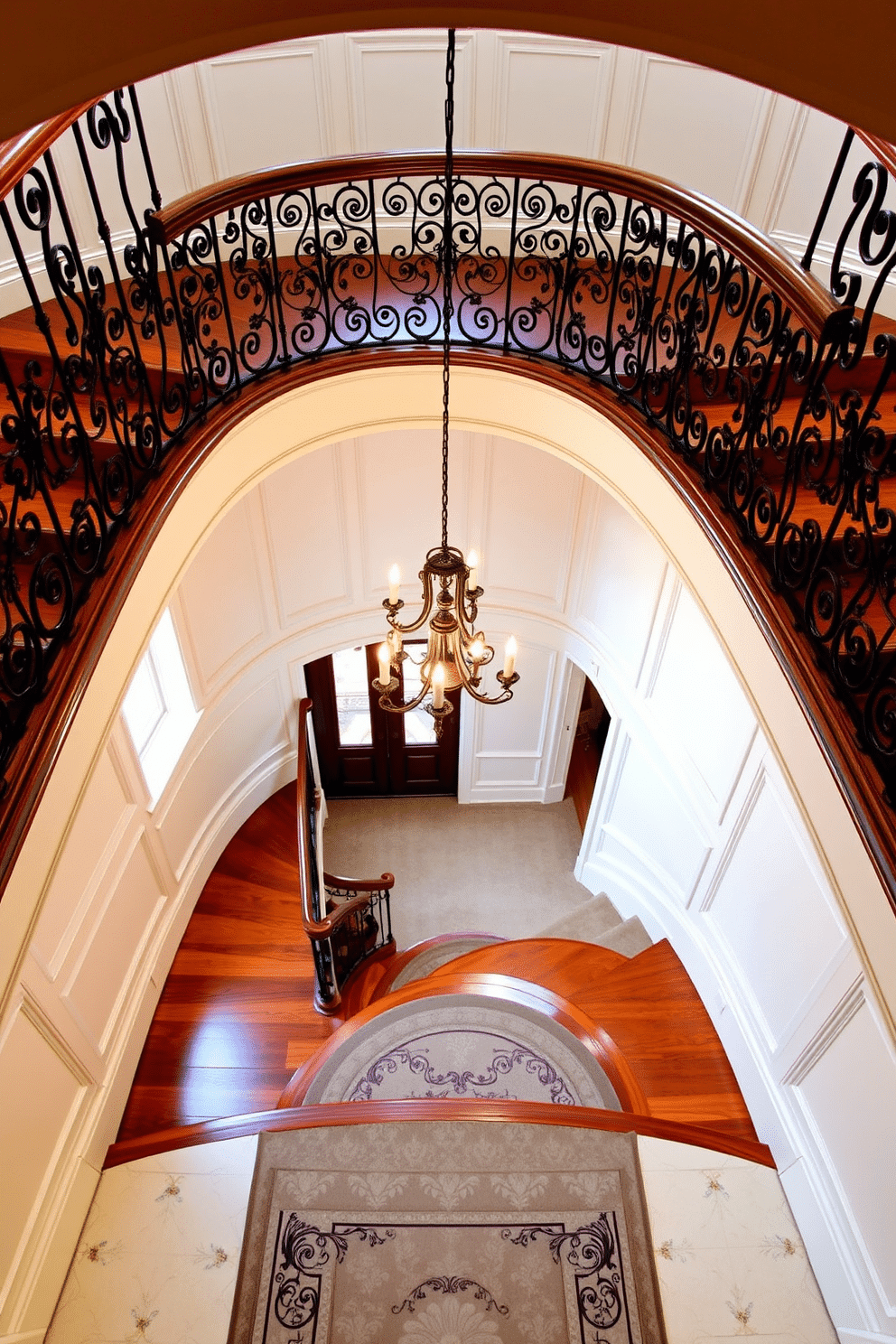 A stunning curved staircase with intricate ornate iron railings gracefully ascends to the second floor. The treads are finished in rich mahogany, contrasting beautifully with the soft cream walls adorned with classic wainscoting. At the base of the staircase, a grand chandelier hangs, casting a warm glow and highlighting the elegant details of the railings. A plush runner in a muted floral pattern adds a touch of luxury and comfort underfoot, inviting guests to explore the upper levels.