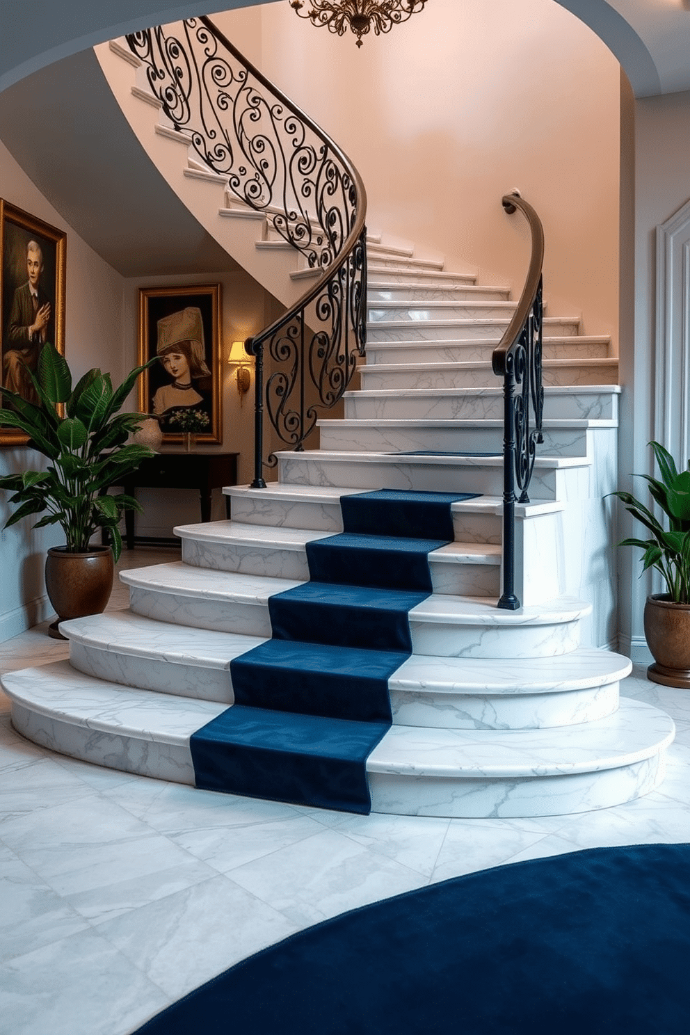 Elegant staircase with marble treads. The staircase features a curved design with intricate wrought iron railings, complemented by soft, ambient lighting that highlights the marble's natural veining. At the base, a plush runner in a deep navy adds warmth and contrast to the cool tones of the marble. Surrounding the staircase, elegant artwork and potted greenery create a welcoming atmosphere.