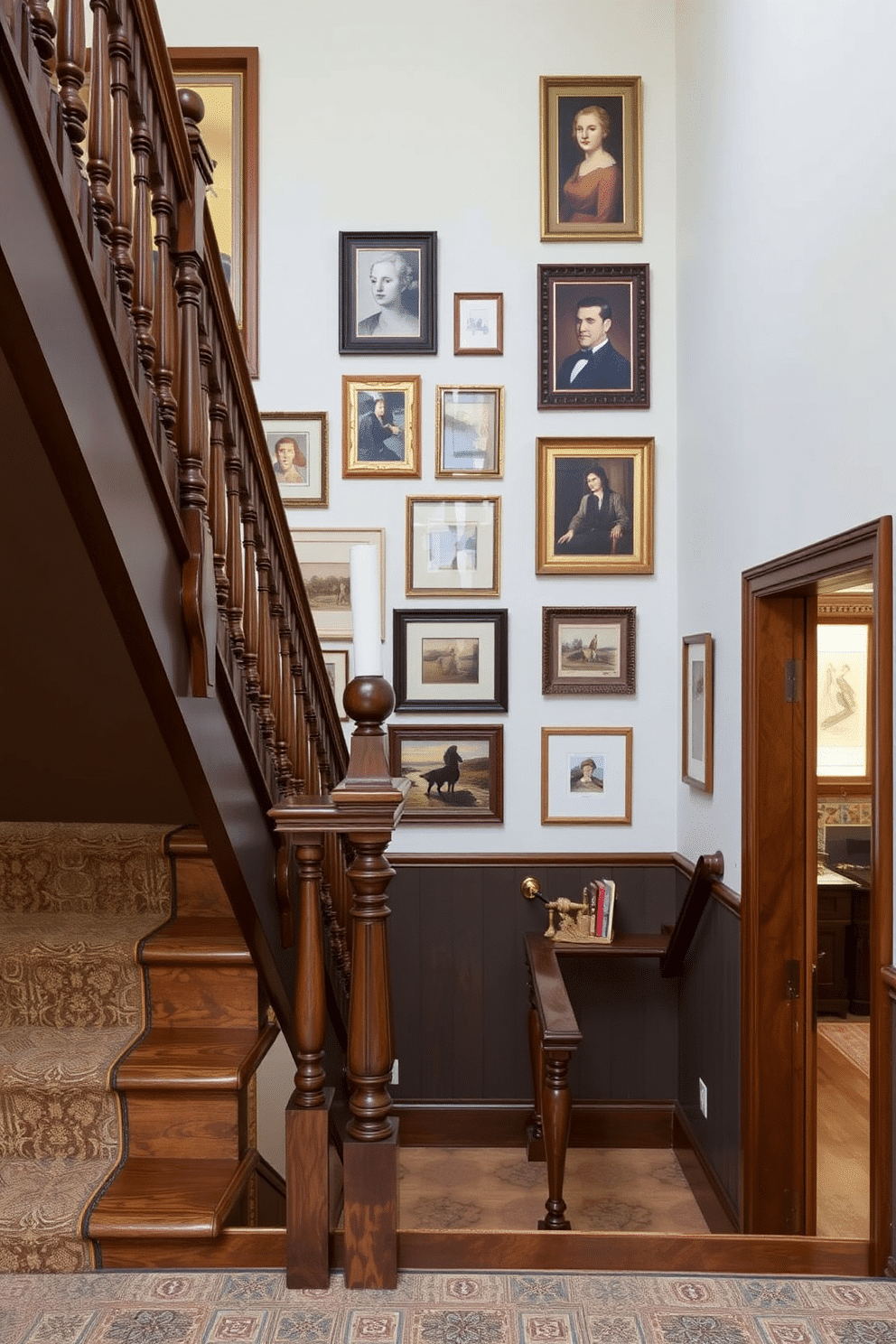 A traditional staircase with rich wooden banisters and ornate spindles leads to an elegantly designed upper landing. The walls are adorned with a curated collection of framed artwork, showcasing a mix of classic and contemporary pieces that add character and charm to the space.