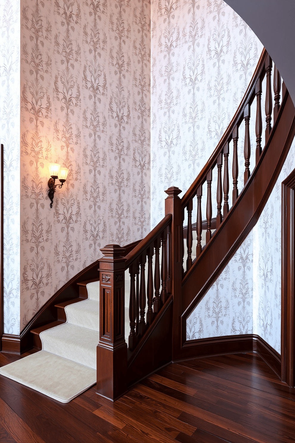 A grand staircase adorned with vintage-inspired wallpaper featuring intricate floral patterns in soft pastels. The wooden banister boasts a rich mahogany finish, contrasting beautifully with the delicate hues of the wallpaper. At the base of the staircase, a plush runner in a complementary color adds warmth and texture. Elegant wall sconces illuminate the space, casting a soft glow that highlights the craftsmanship of the staircase.