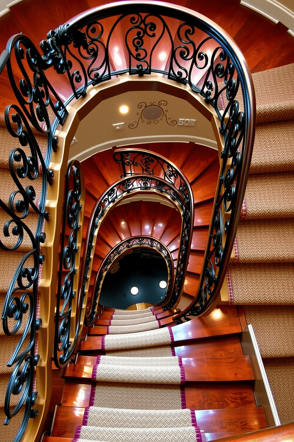 A grand spiral staircase features intricate metal railings that elegantly twist as they ascend. The steps are crafted from rich mahogany, contrasting beautifully with the ornate ironwork that adds a touch of sophistication. Surrounding the staircase, soft ambient lighting highlights the details of the design, creating a warm and inviting atmosphere. Plush carpeting runs along the steps, enhancing comfort while maintaining a classic aesthetic.