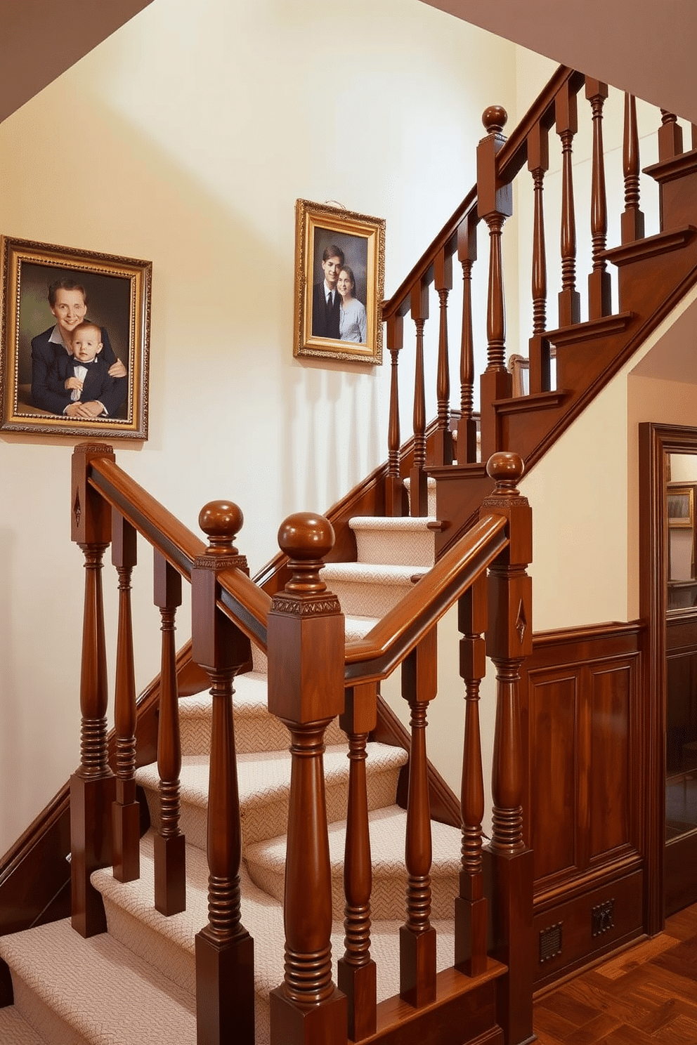 A classic staircase featuring elegant decorative newel caps, crafted from rich mahogany wood. The balustrades are intricately designed, showcasing a blend of traditional craftsmanship and modern aesthetics, with a soft carpet runner that adds warmth and texture. The walls are adorned with framed family portraits, enhancing the nostalgic charm of the space. Soft, ambient lighting illuminates the staircase, highlighting the details of the woodwork and creating an inviting atmosphere.