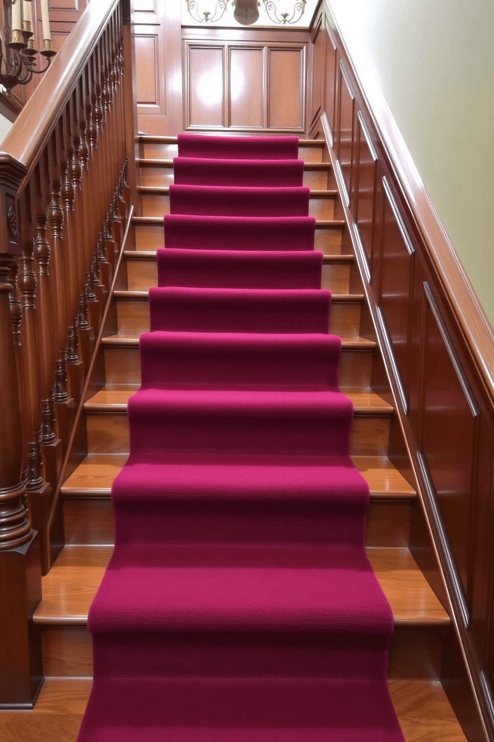 A traditional wooden staircase features rich mahogany steps, elegantly polished to a high shine. A plush carpet runner, in a deep burgundy hue, runs along the center, adding warmth and comfort to each step. The balustrade is intricately carved, showcasing classic detailing that complements the overall aesthetic. Soft lighting from a nearby chandelier highlights the natural grain of the wood, creating an inviting atmosphere.