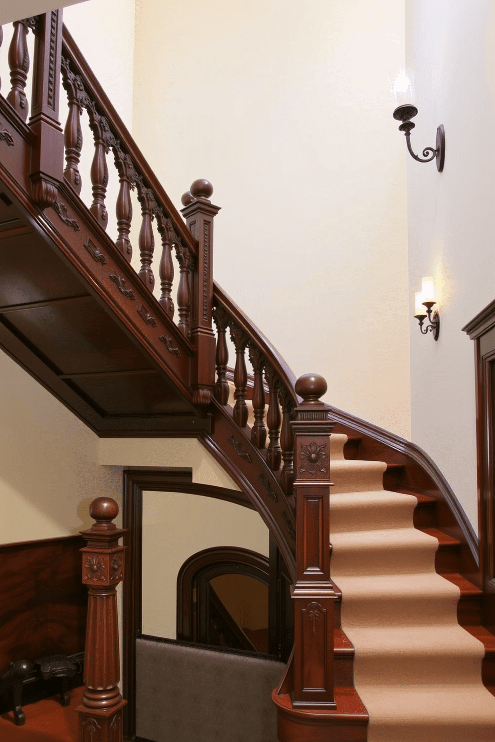 A grand Victorian-style staircase features intricate woodwork with detailed carvings along the banister and newel posts. The staircase is adorned with rich, dark wood, complemented by a plush runner that adds warmth and elegance to the space. Elegant wall sconces illuminate the staircase, casting a soft glow on the ornate details of the woodwork. The walls are painted in a soft cream color, enhancing the staircase's grandeur and creating a timeless atmosphere.