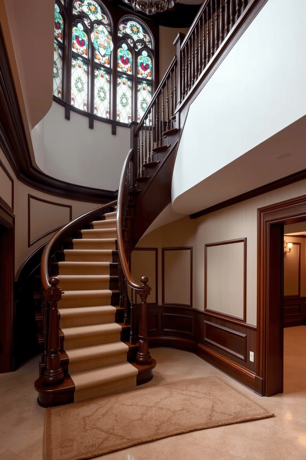 A grand curved staircase gracefully ascends, featuring intricate stained glass accents that filter soft, colorful light throughout the space. The staircase is framed by elegant wooden banisters, showcasing rich, dark finishes that enhance the traditional aesthetic. Beneath the staircase, a plush area rug adds warmth, while ornate moldings and classic wall paneling create a timeless backdrop. Soft, ambient lighting highlights the craftsmanship of the staircase, inviting guests to ascend with a sense of wonder.