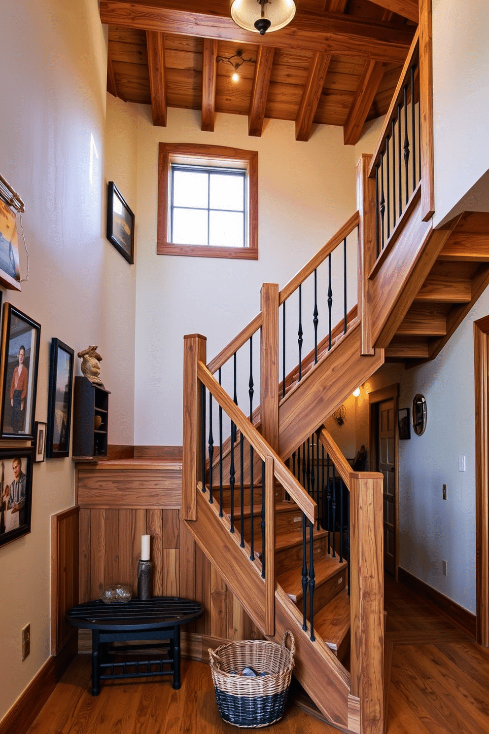 A rustic wooden staircase with exposed beams rises gracefully, showcasing the natural grain and texture of the wood. The staircase features wrought iron balusters that add a touch of elegance, while warm lighting highlights the craftsmanship of the handrails. Surrounding the staircase, the walls are adorned with vintage photographs and rustic decor, enhancing the charm of the space. A cozy area at the base of the stairs includes a small bench and a woven basket, inviting guests to pause and admire the design.