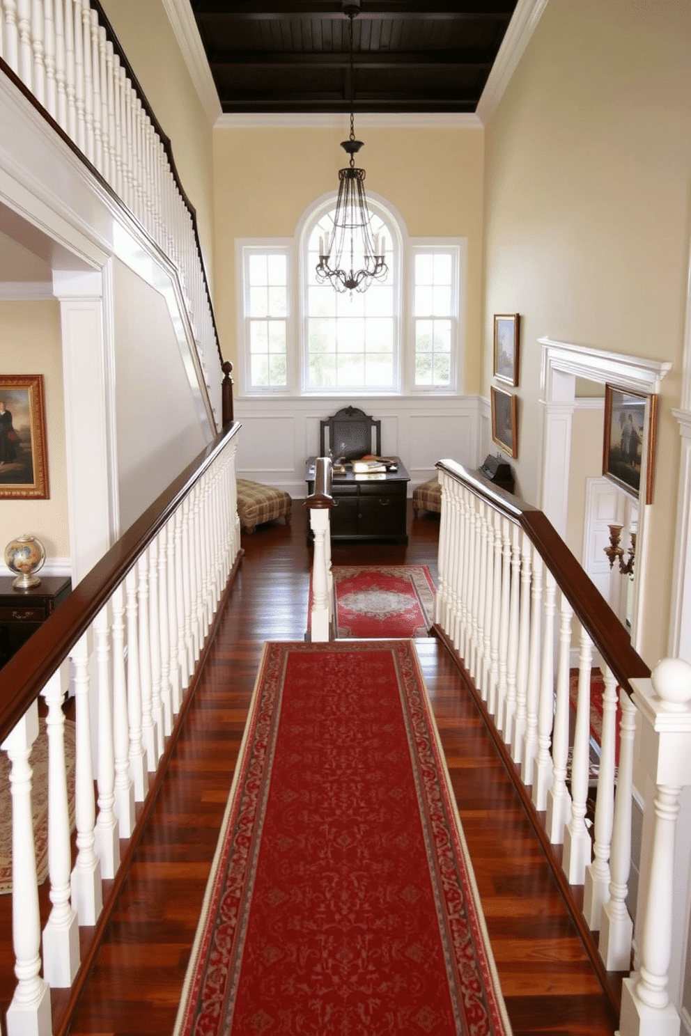 A grand Classic Colonial staircase features elegant white balusters that line the polished wooden steps, creating a timeless and inviting atmosphere. The staircase is adorned with a rich runner rug, leading up to a beautifully crafted landing area with intricate wainscoting and a large window that floods the space with natural light. The walls are painted in a soft cream hue, complementing the dark wood of the staircase and enhancing the classic aesthetic. Decorative elements, such as framed family portraits and a vintage chandelier, add warmth and character to this traditional staircase design.