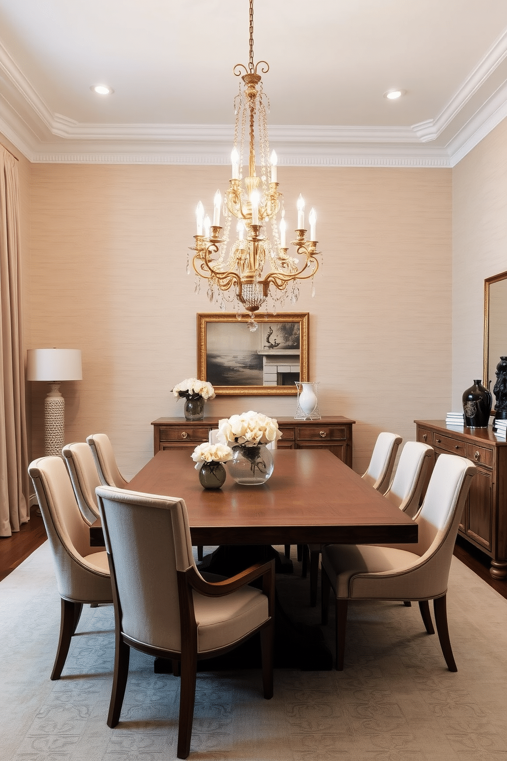 Elegant neutral tones with gold accents create a harmonious and inviting atmosphere in the dining room. A large wooden dining table is surrounded by upholstered chairs in soft beige, while a stunning chandelier with gold details hangs overhead, casting a warm glow. The walls are adorned with subtle textured wallpaper in a light taupe shade, enhancing the elegance of the space. A sideboard in a matching wood finish showcases decorative pieces and serves as a functional element for entertaining guests.