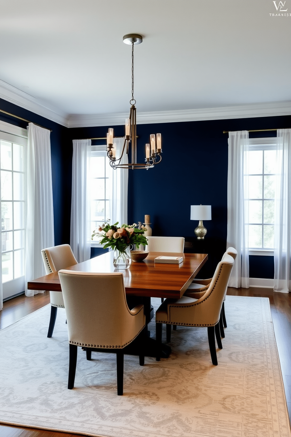 A bold accent wall in deep navy blue serves as the focal point of the dining room, creating a striking contrast with the light-colored soft furnishings. The space features a large wooden dining table surrounded by plush upholstered chairs, complemented by a stylish area rug that adds warmth and texture. The room is illuminated by a modern chandelier that hangs gracefully above the table, casting a soft glow over the space. Large windows dressed in sheer white curtains allow natural light to filter in, enhancing the inviting atmosphere of this transitional dining room design.