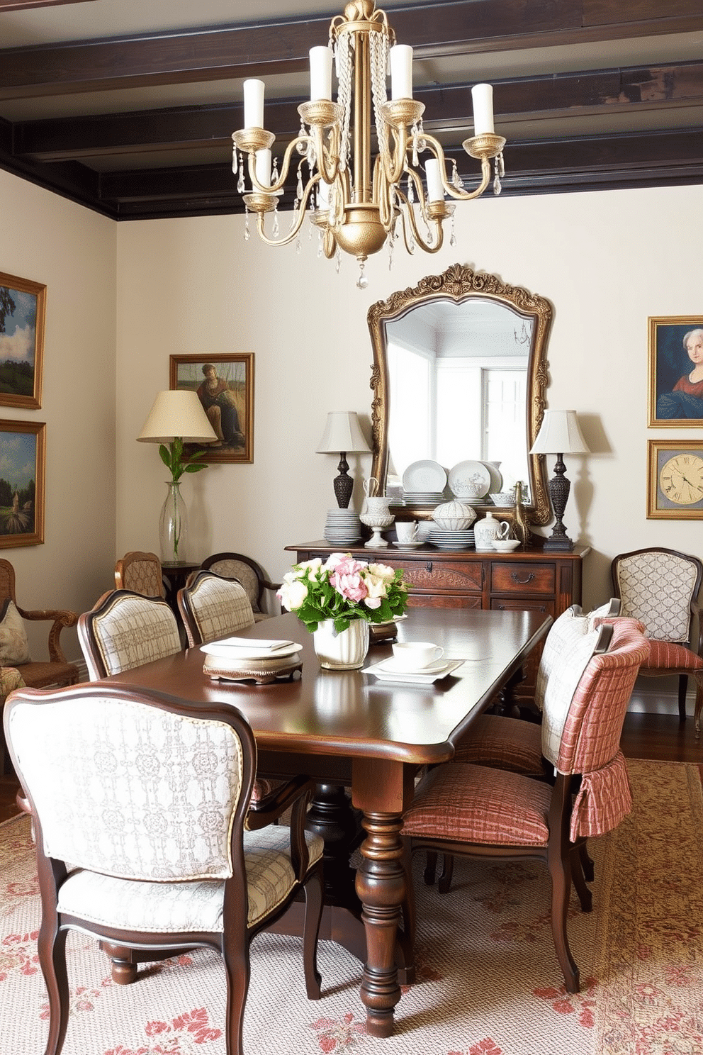 A charming dining room featuring vintage pieces that add character and warmth. An antique wooden table is surrounded by mismatched upholstered chairs, each showcasing unique patterns and textures. The walls are adorned with vintage artwork and a large, ornate mirror that reflects natural light. A stylish sideboard holds an array of vintage dishware, while a stunning chandelier hangs above, creating an inviting atmosphere.