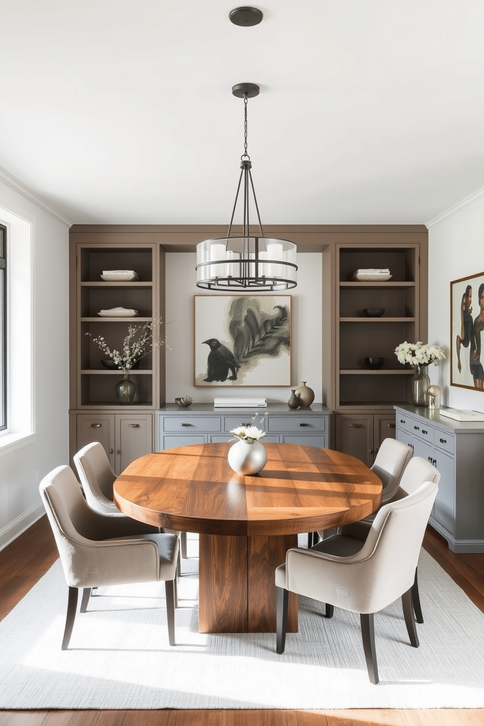 A minimalist dining room featuring a sleek wooden table with clean lines, surrounded by upholstered chairs in a neutral tone. The room is enhanced by built-in cabinetry that provides functional storage while maintaining an airy atmosphere, with large windows allowing natural light to flood the space. A transitional dining room that blends traditional and contemporary elements, showcasing a round dining table made of reclaimed wood. Elegant pendant lighting hangs above, complemented by a sideboard in a soft gray finish, and the walls are adorned with subtle artwork that adds character without overwhelming the design.