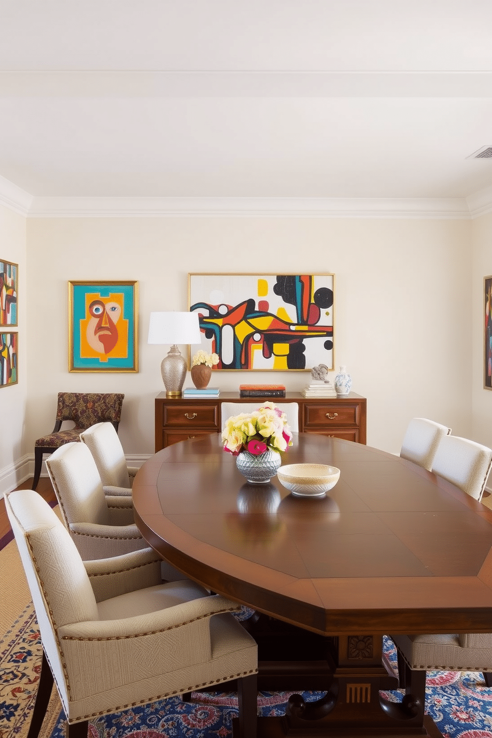 A transitional dining room features a blend of traditional and contemporary elements. The focal point is a large wooden dining table surrounded by upholstered chairs in a soft, neutral fabric. Colorful artwork adorns the walls, adding vibrancy and personality to the space. A striking piece above the sideboard serves as a conversation starter, complementing the room's overall aesthetic.