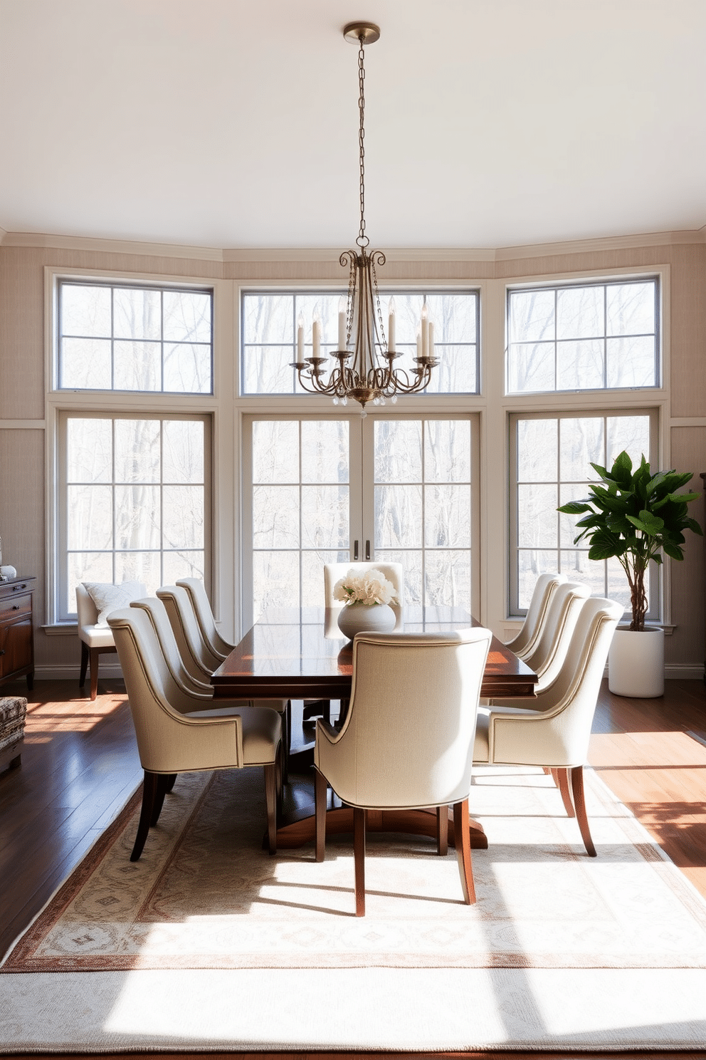 A bright and airy dining room bathed in natural light from large windows that stretch from floor to ceiling. The space features a blend of traditional and contemporary elements, with a polished wooden dining table surrounded by upholstered chairs in soft neutral tones. A statement chandelier hangs above the table, casting a warm glow over the inviting setting. The walls are adorned with subtle, textured wallpaper, and a large area rug anchors the space, adding warmth and comfort.