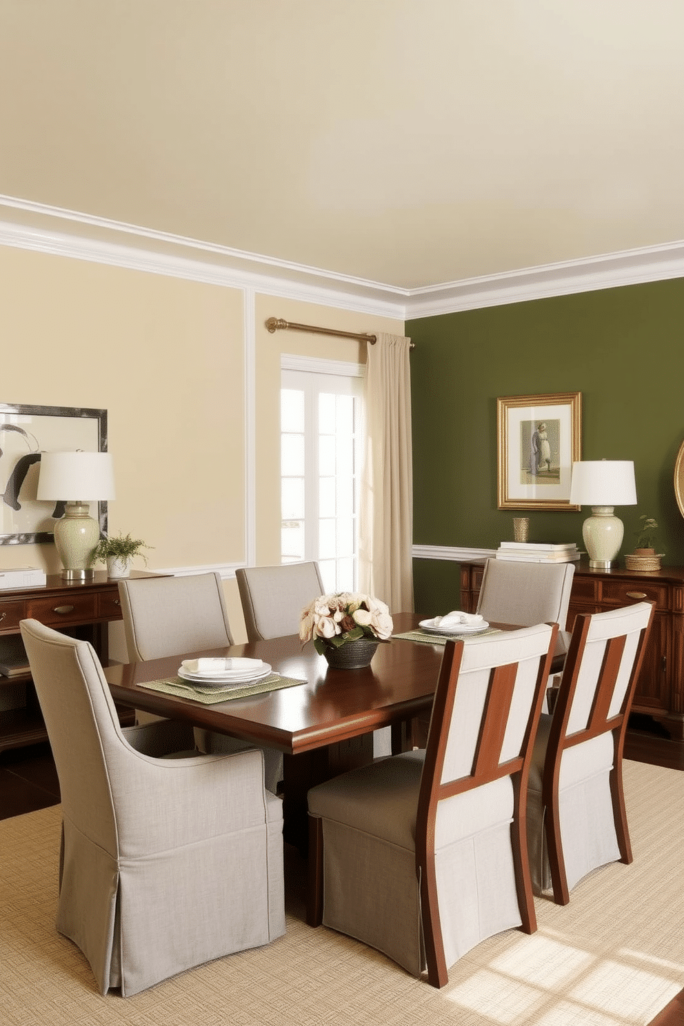 A cohesive color palette featuring soft neutrals and muted earth tones creates a harmonious atmosphere in the dining room. The walls are painted a warm beige, complemented by a deep green accent wall, while the furniture incorporates shades of cream and taupe for a balanced look. Transitional dining room design ideas blend traditional and contemporary elements seamlessly. A rectangular wooden dining table with a rich walnut finish is surrounded by upholstered chairs in a light gray fabric, creating an inviting yet sophisticated dining experience.