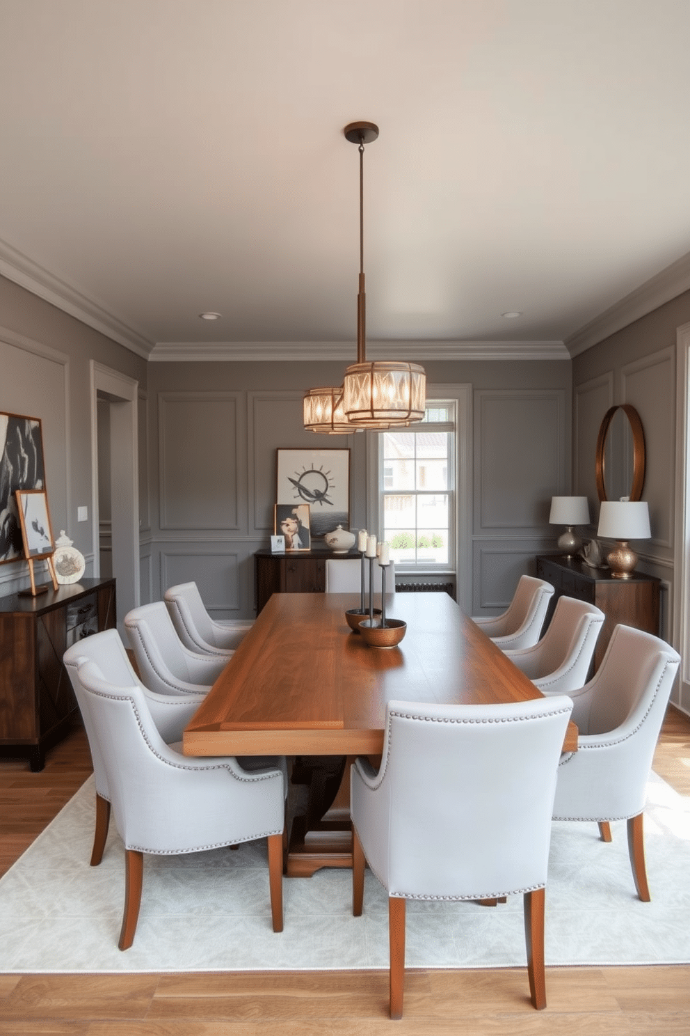 A stunning dining room that blends contemporary and traditional elements. The centerpiece is a large wooden dining table surrounded by upholstered chairs, with unique light fixtures hanging above, casting a warm glow over the space. The walls are painted in a soft gray, complemented by wainscoting that adds depth and character. A stylish sideboard against one wall displays decorative items, while large windows let in natural light, enhancing the room's inviting atmosphere.