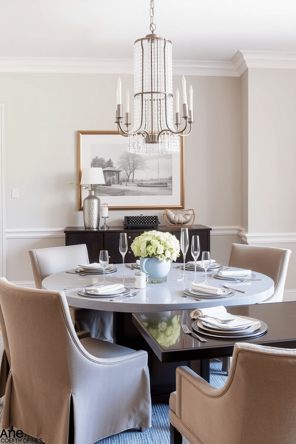 A transitional dining room features a harmonious blend of round and rectangular tables, creating an inviting atmosphere for gatherings. The round table, adorned with a chic centerpiece, complements the sleek lines of the rectangular table set against a backdrop of soft, neutral walls. Surrounding the tables are upholstered chairs in varying textures, enhancing the room's warmth and comfort. A statement chandelier hangs above, casting a soft glow that highlights the elegant table settings and the subtle color palette.