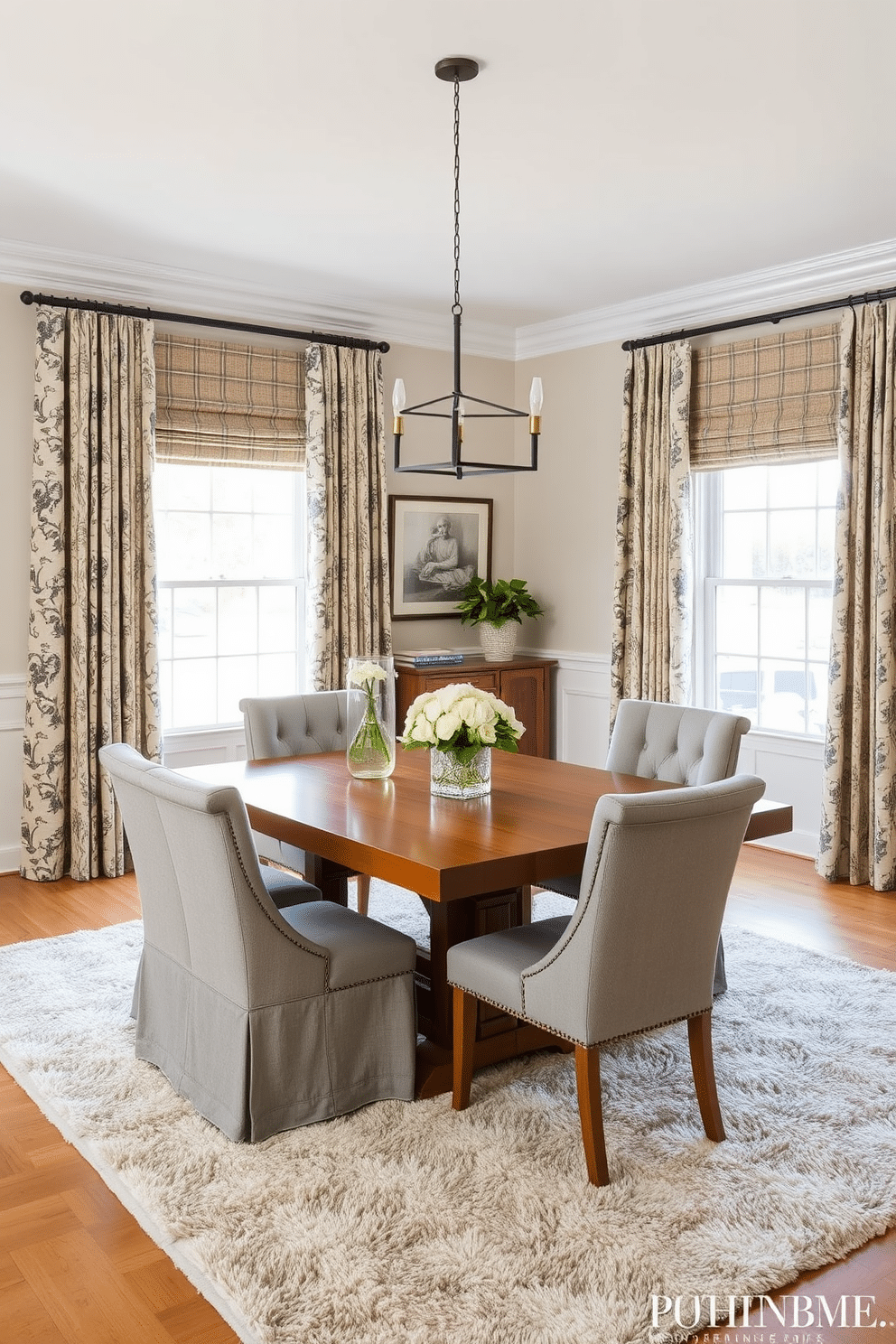 A transitional dining room featuring a large wooden table surrounded by upholstered chairs in a soft gray fabric. The room is adorned with layered textiles, including a plush area rug under the table and patterned curtains that frame the windows, adding warmth and texture to the space.