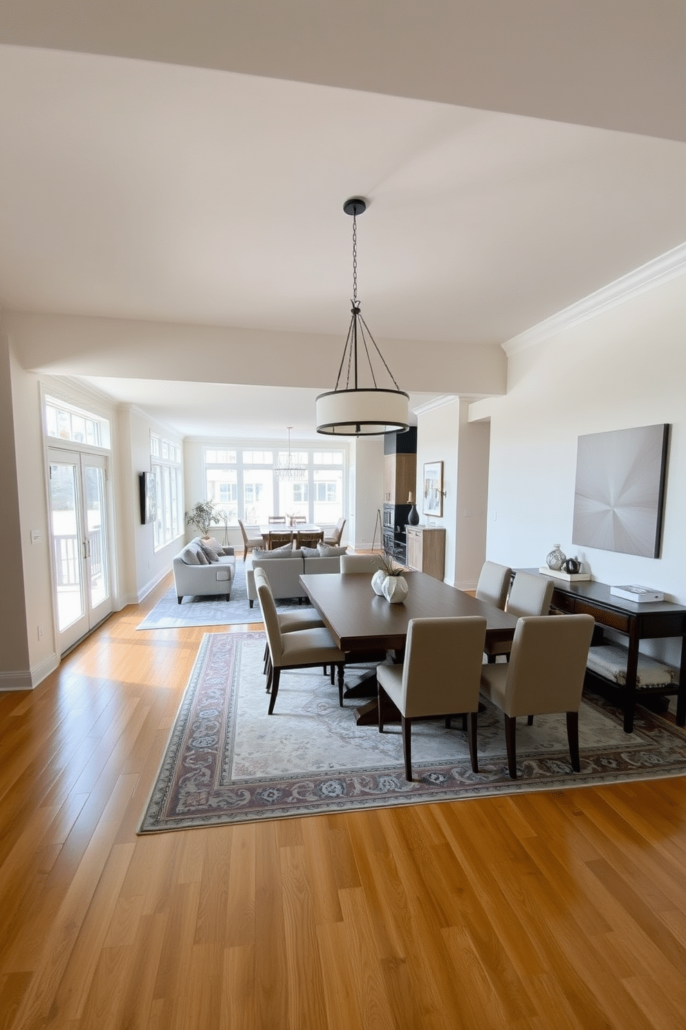 Open concept layout with defined areas. The dining room features a large wooden table surrounded by upholstered chairs, with a statement chandelier hanging above. The space is divided by a stylish area rug that complements the hardwood flooring. Large windows allow natural light to flood in, highlighting the neutral color palette and decorative wall art.