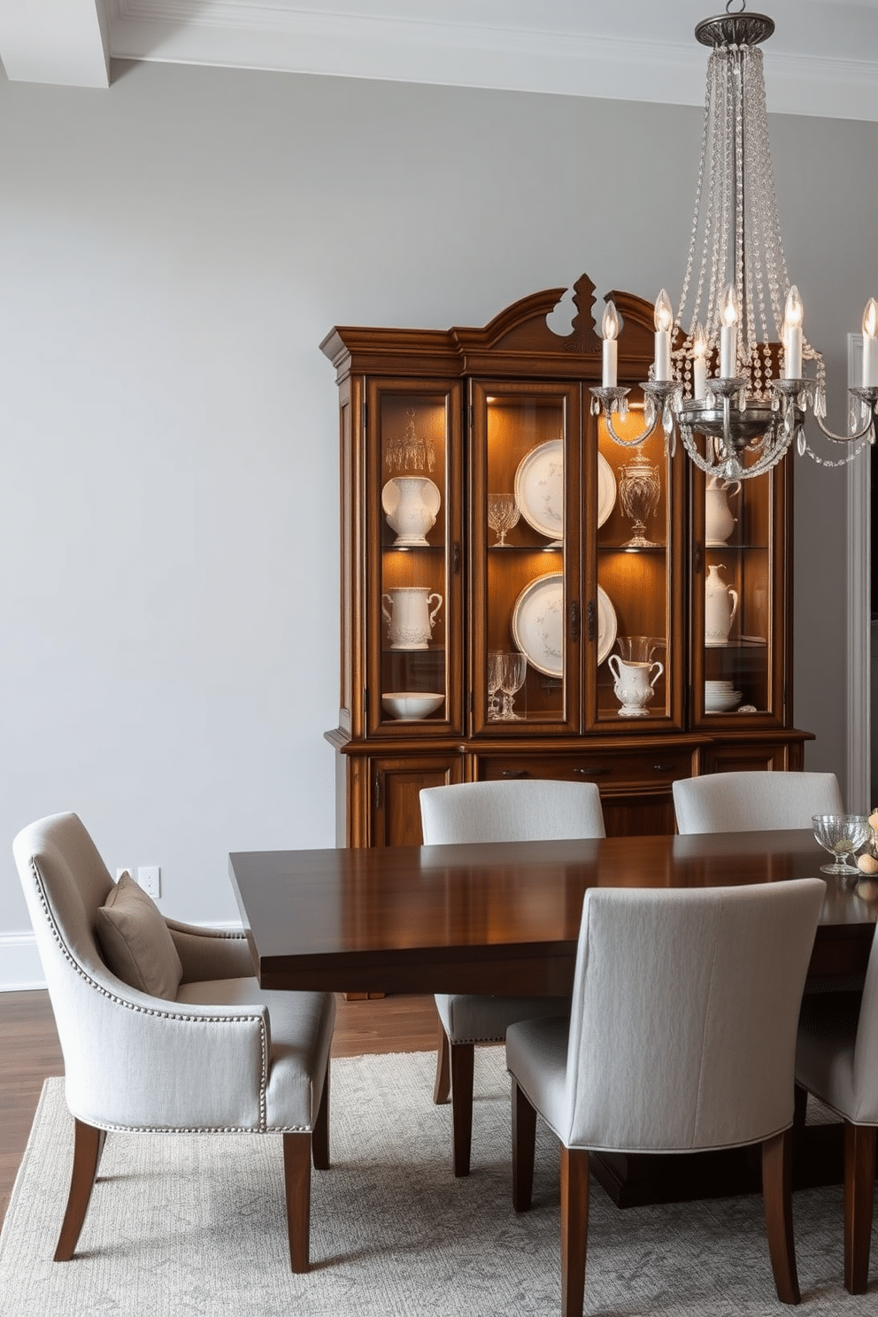 An elegant china cabinet stands against a soft gray wall, showcasing fine porcelain and crystal pieces illuminated by warm LED lights. The cabinet features intricate woodwork with glass doors and a polished wooden base, creating a focal point in the room. In a transitional dining room, a large wooden table is paired with upholstered chairs in a neutral fabric, creating a cozy yet sophisticated atmosphere. A statement chandelier hangs above the table, complementing the blend of traditional and modern elements throughout the space.