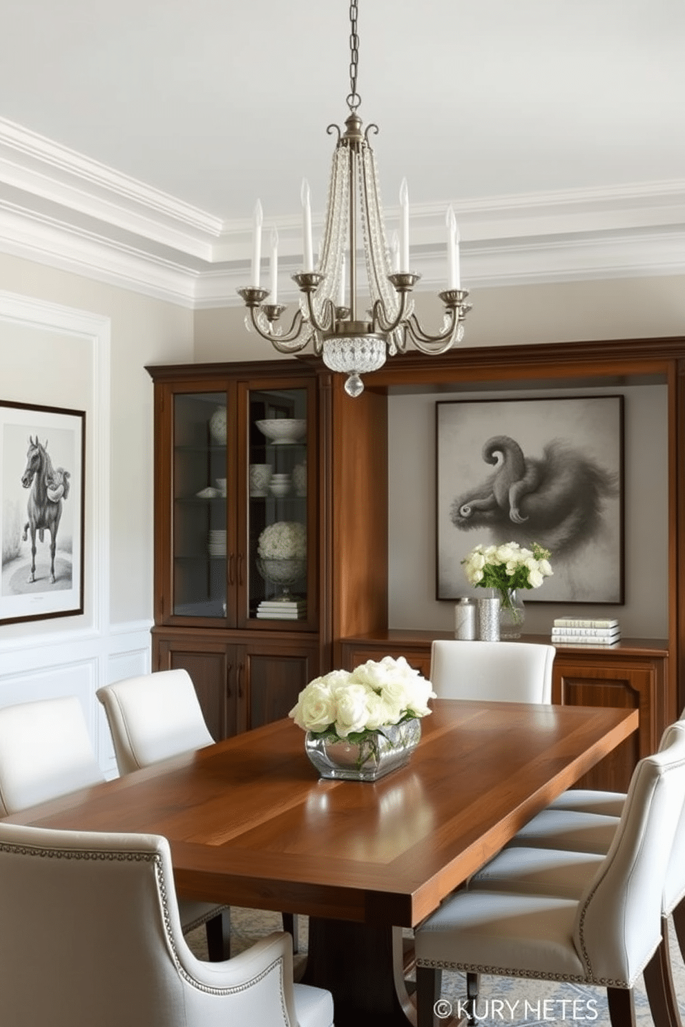 A stunning transitional dining room features a statement chandelier hanging gracefully above a sleek wooden dining table. The space is adorned with upholstered chairs that blend classic and contemporary styles, creating an inviting atmosphere for gatherings.