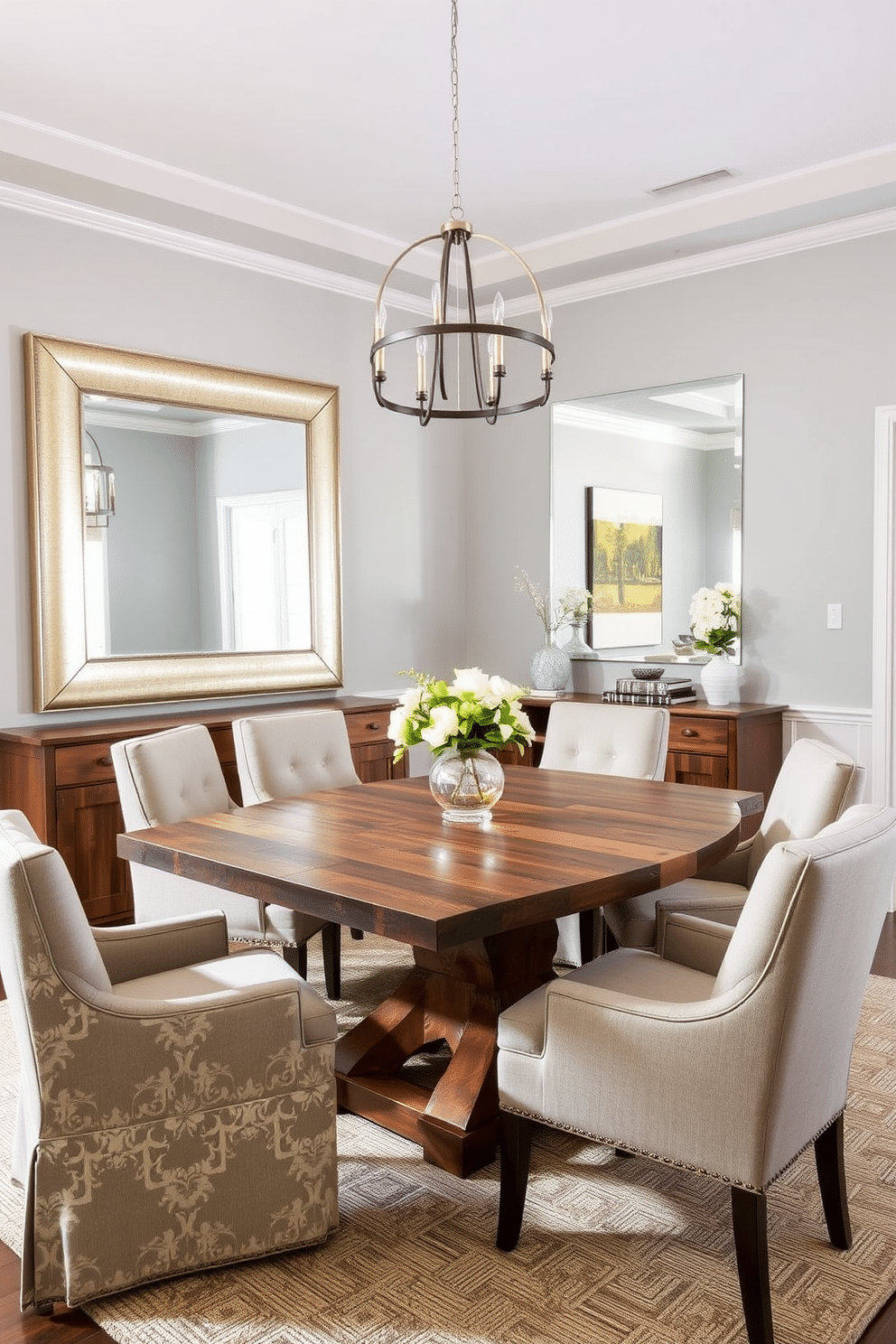 A transitional dining room features a large rectangular table made of reclaimed wood, surrounded by upholstered chairs in a neutral fabric. A stunning oversized mirror hangs on one wall, reflecting natural light and creating a sense of depth in the space. The walls are painted in a soft gray, complemented by warm wood accents throughout the room. A contemporary chandelier with a brushed nickel finish hangs above the table, adding a touch of elegance and sophistication.