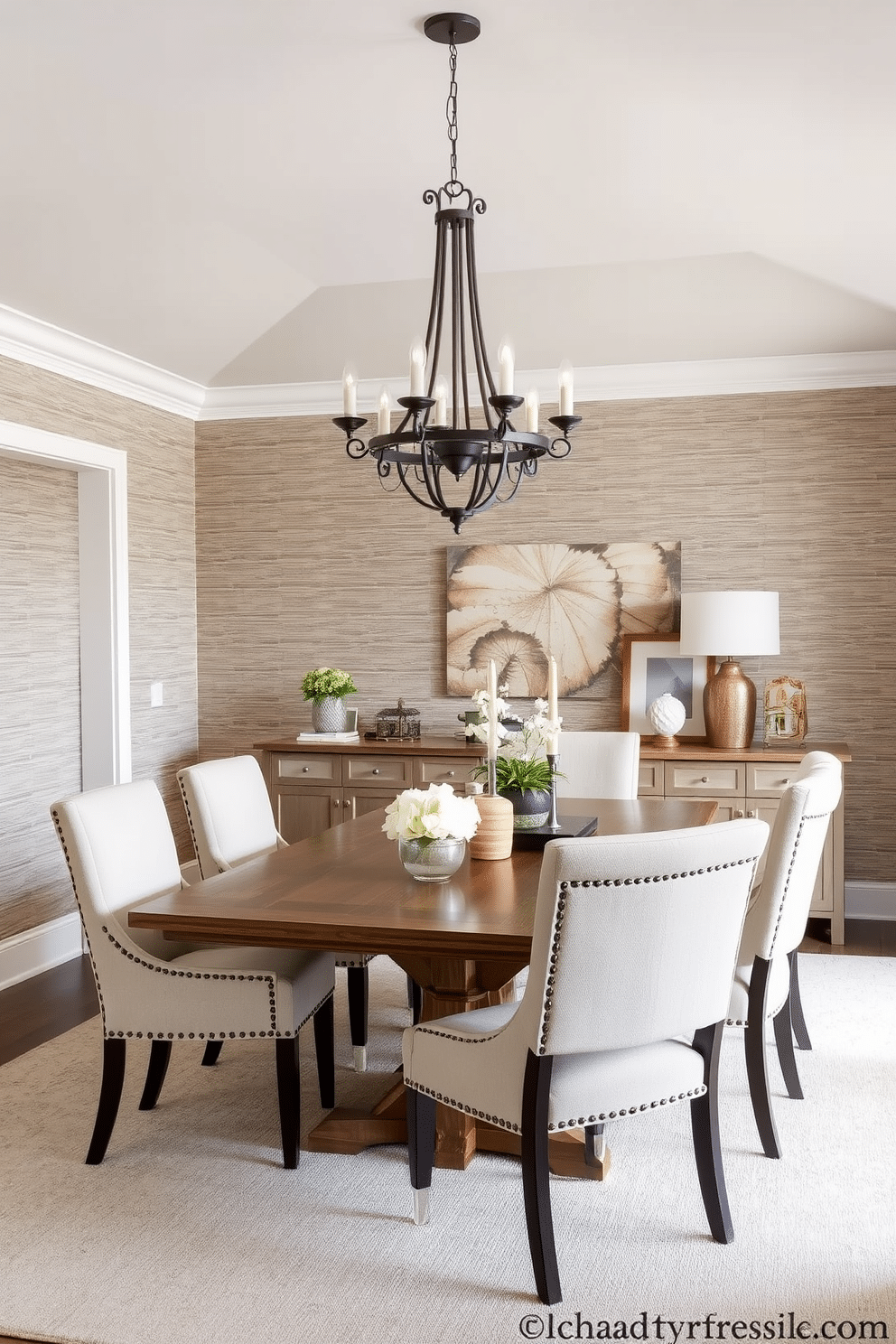 A transitional dining room featuring textured wallpaper that adds depth and visual interest to the space. The dining table is a blend of traditional and modern styles, surrounded by upholstered chairs in soft neutral tones. A statement chandelier hangs above the table, casting a warm glow over the room. The color palette includes muted earth tones, complemented by accent decor pieces that enhance the overall aesthetic.