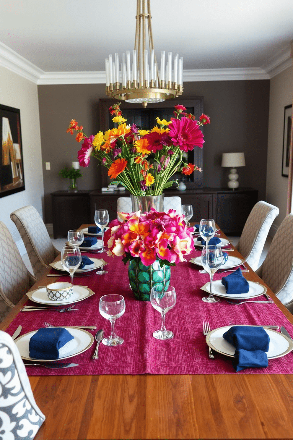 A bold dining table setting for special occasions features a striking centerpiece of vibrant flowers in an eclectic vase, surrounded by elegant dinnerware and gleaming cutlery. The table is draped with a rich, textured tablecloth that complements the color scheme, while stylish napkin rings add a touch of sophistication. The transitional dining room design blends contemporary and traditional elements, showcasing a sleek wooden dining table paired with upholstered chairs that feature a modern pattern. Soft lighting from a statement chandelier enhances the inviting atmosphere, while artwork on the walls adds personality and warmth to the space.