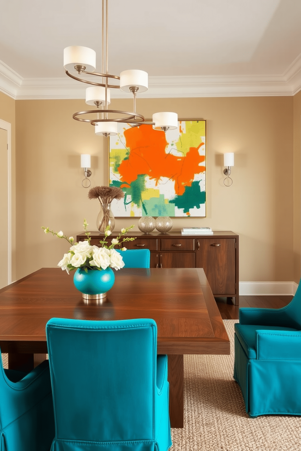 A transitional dining room featuring earthy tones as the primary palette, complemented by vibrant accent colors throughout the space. The dining table is a rich walnut wood, surrounded by upholstered chairs in a bold teal fabric, creating a striking contrast against the warm beige walls. A large, abstract painting with splashes of orange and green hangs above the sideboard, adding a dynamic focal point to the room. Soft, layered lighting from a modern chandelier and wall sconces enhances the inviting atmosphere, while a woven area rug in natural fibers grounds the space.