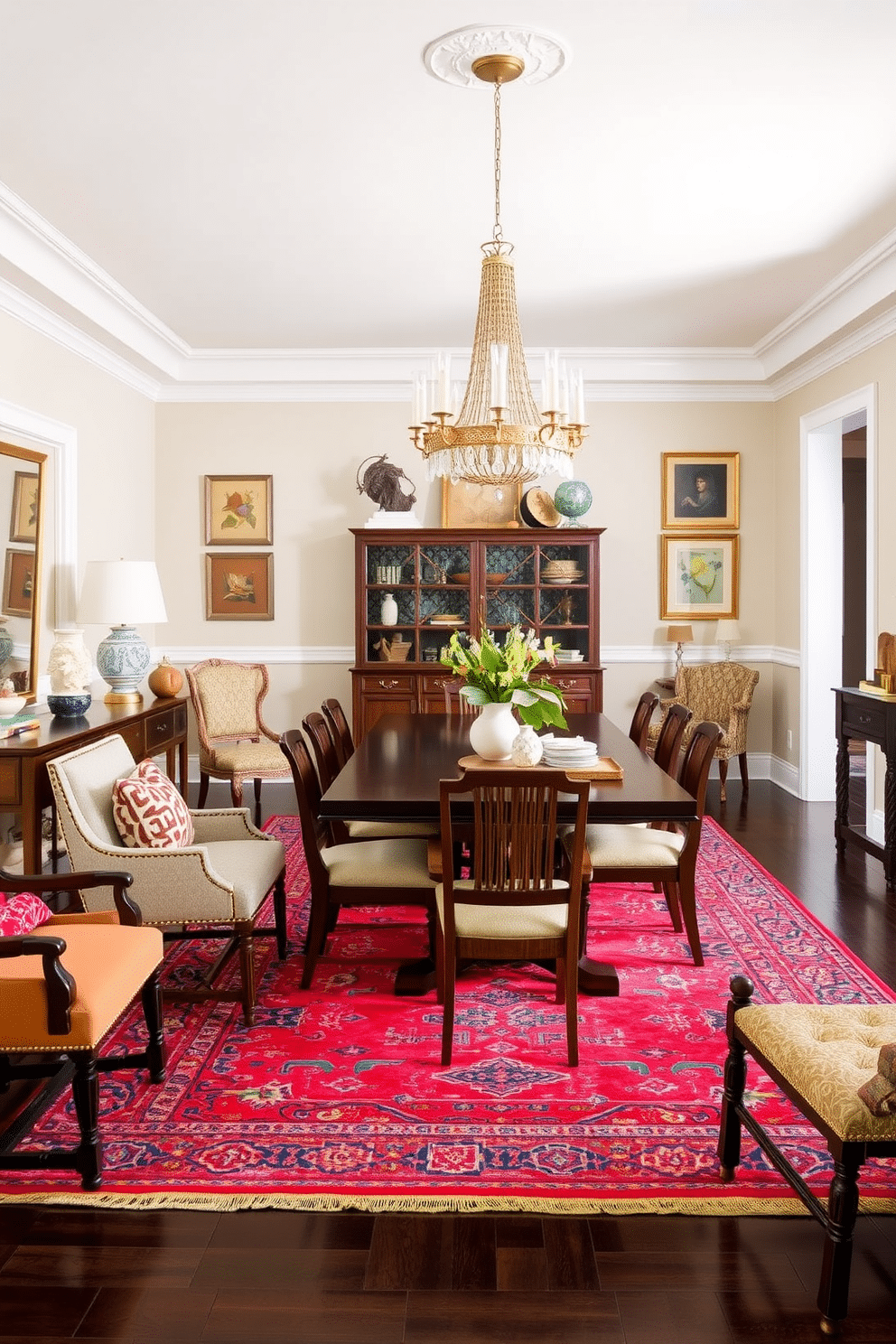 A transitional dining room features a blend of traditional and contemporary elements, creating a harmonious and inviting space. The centerpiece is a large, dark wood dining table surrounded by a mix of upholstered and wooden chairs, offering comfort and style. Eclectic accessories adorn the room, including a vibrant area rug that adds warmth and color. A statement chandelier hangs above the table, while artwork and decorative pieces on the walls reflect a variety of styles, enhancing the room's unique character.