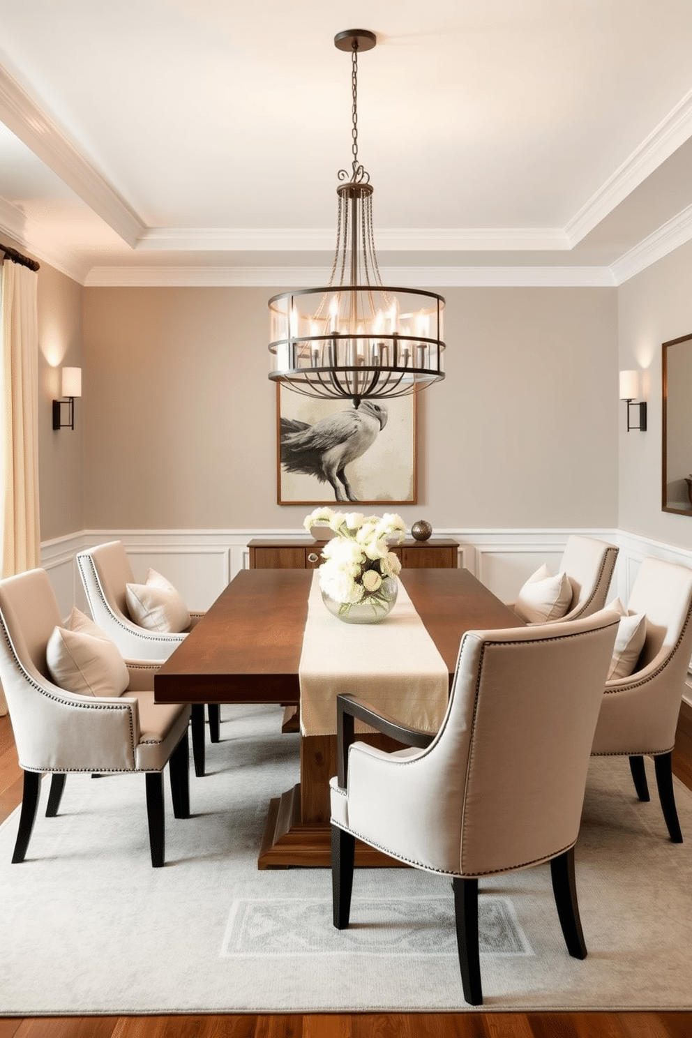 A transitional dining room that blends modern and traditional elements. The space features a large wooden table surrounded by upholstered chairs in soft neutral tones, complemented by a stylish area rug. Soft textures are incorporated through plush cushions and a linen table runner. Layered lighting options include a statement chandelier above the table and wall sconces that provide a warm, inviting glow.