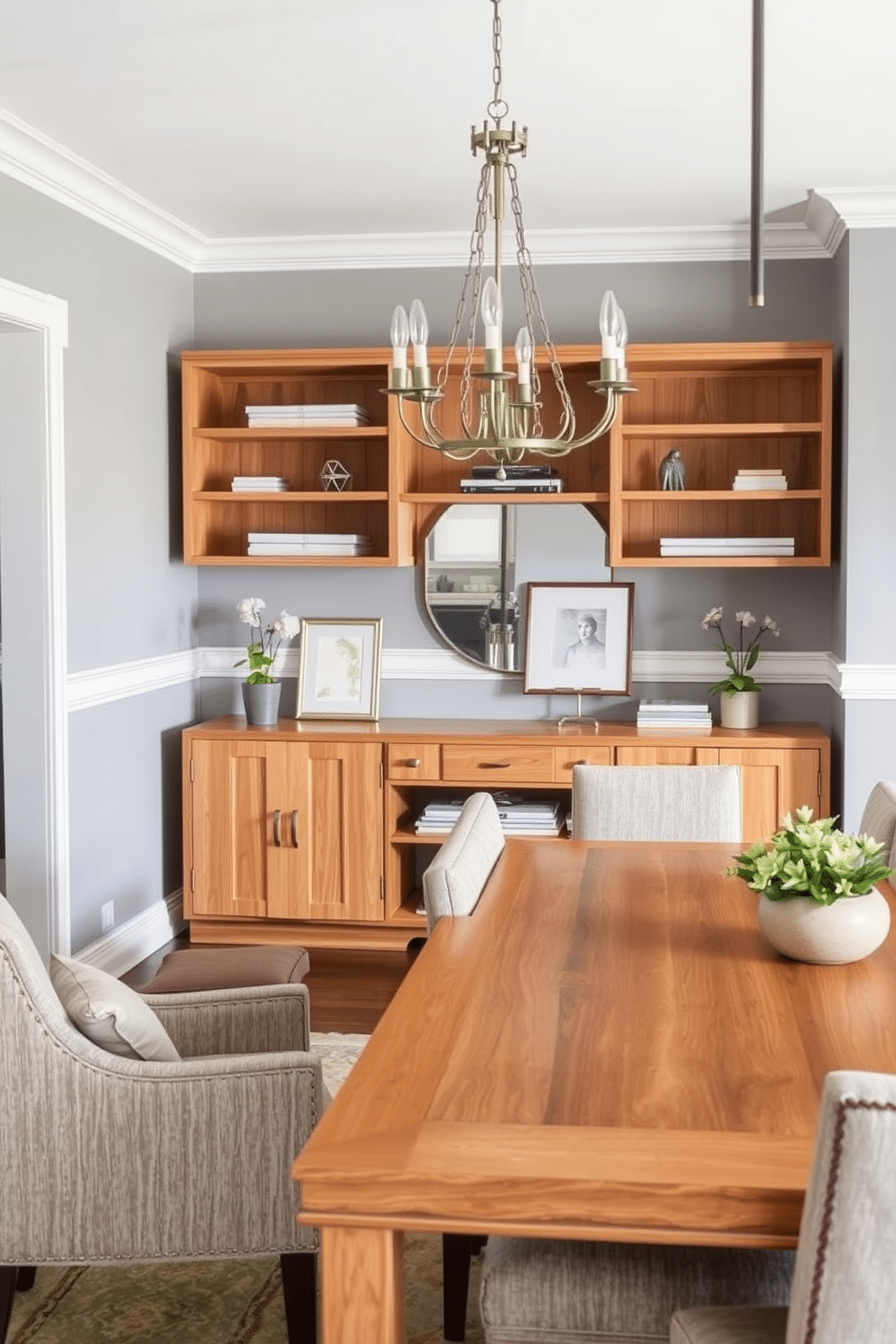 A functional sideboard for extra storage features a sleek design with a combination of open and closed shelving. The sideboard is made of light oak, providing a warm contrast to the cool gray walls, and is adorned with decorative objects and a few potted plants for added charm. Transitional dining room design ideas blend traditional and contemporary elements seamlessly. A large wooden dining table is surrounded by upholstered chairs, while a stylish chandelier hangs above, creating an inviting atmosphere for family gatherings and entertaining guests.