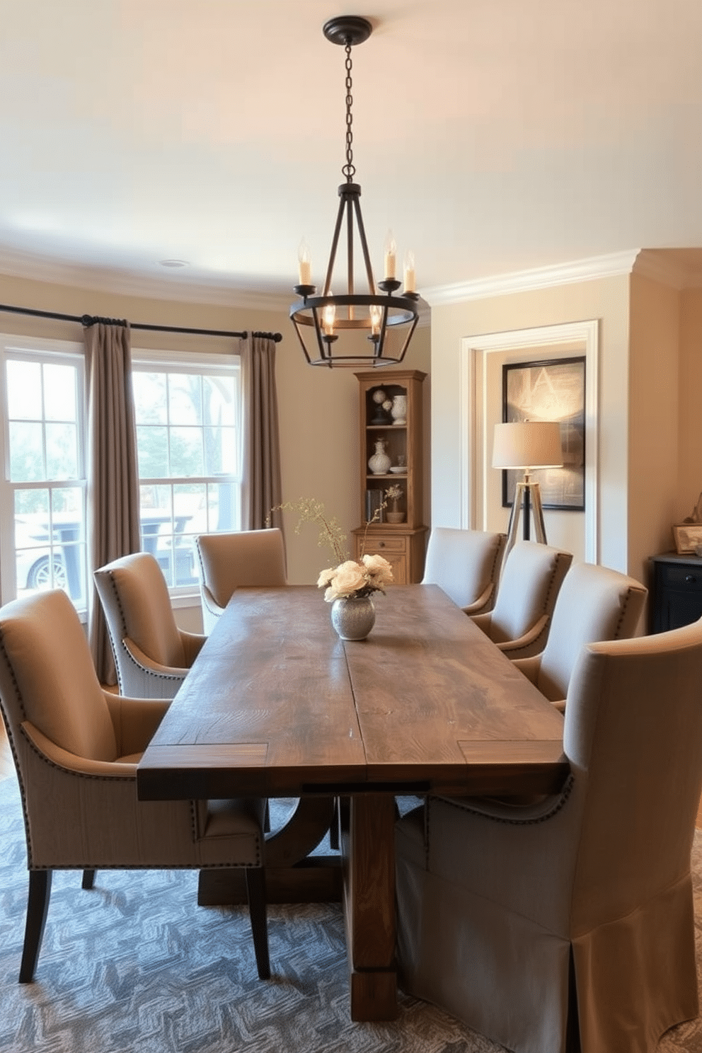 A rustic wooden table sits at the center of the dining room, surrounded by upholstered chairs in a warm, neutral fabric. The room features a blend of traditional and contemporary elements, with soft lighting from a modern chandelier hanging above the table. The walls are painted in a soft beige, complementing the rich wood tones of the table and the warm upholstery. Large windows allow natural light to flood in, enhancing the inviting atmosphere of this transitional dining space.