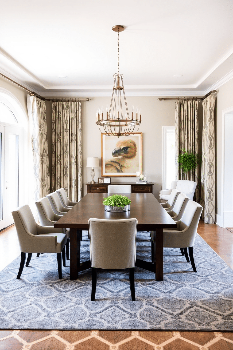 A transitional dining room features a blend of modern and traditional elements, creating a harmonious space for family gatherings. The room showcases a large wooden dining table surrounded by upholstered chairs in a neutral fabric, complemented by a stunning geometric-patterned rug that adds visual interest beneath. Floor-to-ceiling curtains in a complementary geometric pattern frame the windows, allowing natural light to filter in softly. A statement chandelier hangs above the table, providing a focal point while enhancing the elegant atmosphere of the dining area.