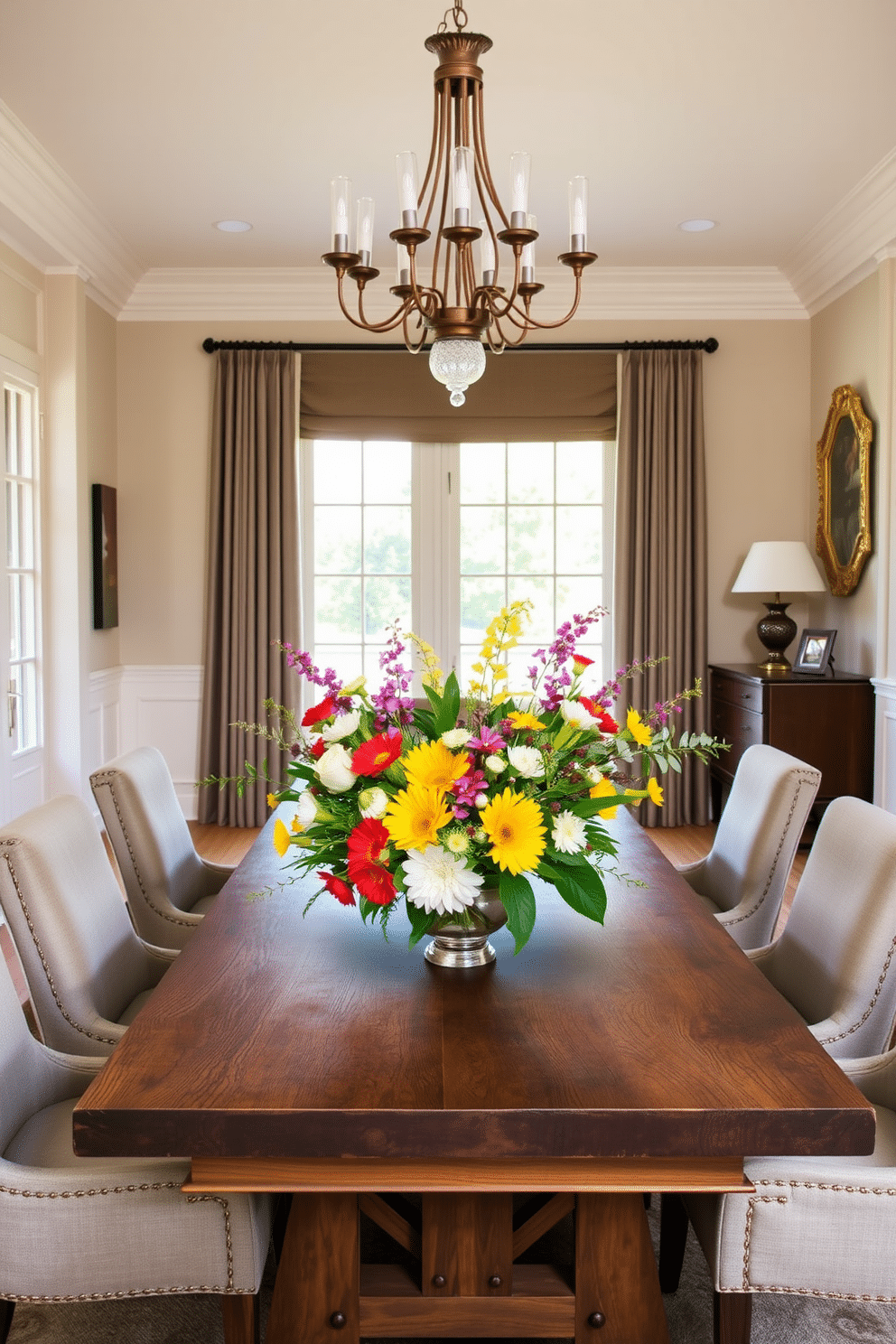 A bright centerpiece featuring seasonal flowers takes center stage on a rustic wooden dining table. The table is surrounded by elegant upholstered chairs, and the walls are adorned with soft, neutral tones that complement the vibrant colors of the flowers. The dining room boasts a blend of traditional and contemporary elements, with a statement chandelier hanging above. Large windows allow natural light to flood the space, enhancing the inviting atmosphere and showcasing the beautiful floral arrangement.