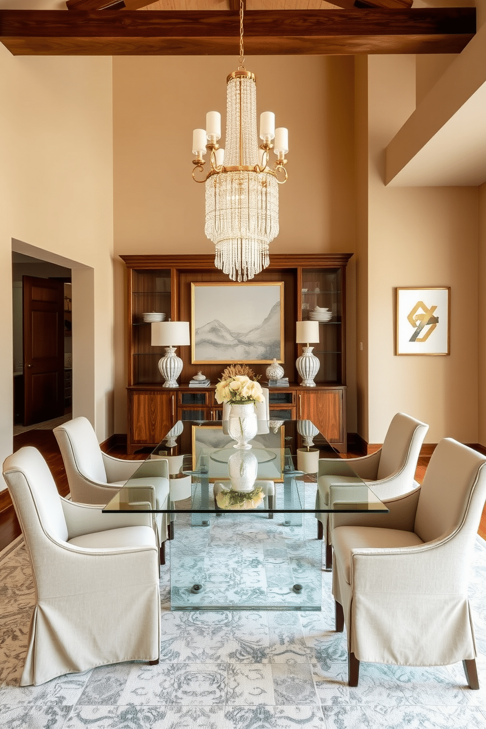 A translucent glass dining table sits at the center of the room, surrounded by upholstered chairs in soft, neutral tones. The space features a blend of modern and traditional elements, with a statement chandelier hanging above to enhance the open feel. The walls are painted in a warm beige, complemented by rich wood accents that add warmth and texture. A large area rug anchors the space, while a sideboard showcases elegant tableware and decorative pieces, creating a harmonious flow throughout the dining area.