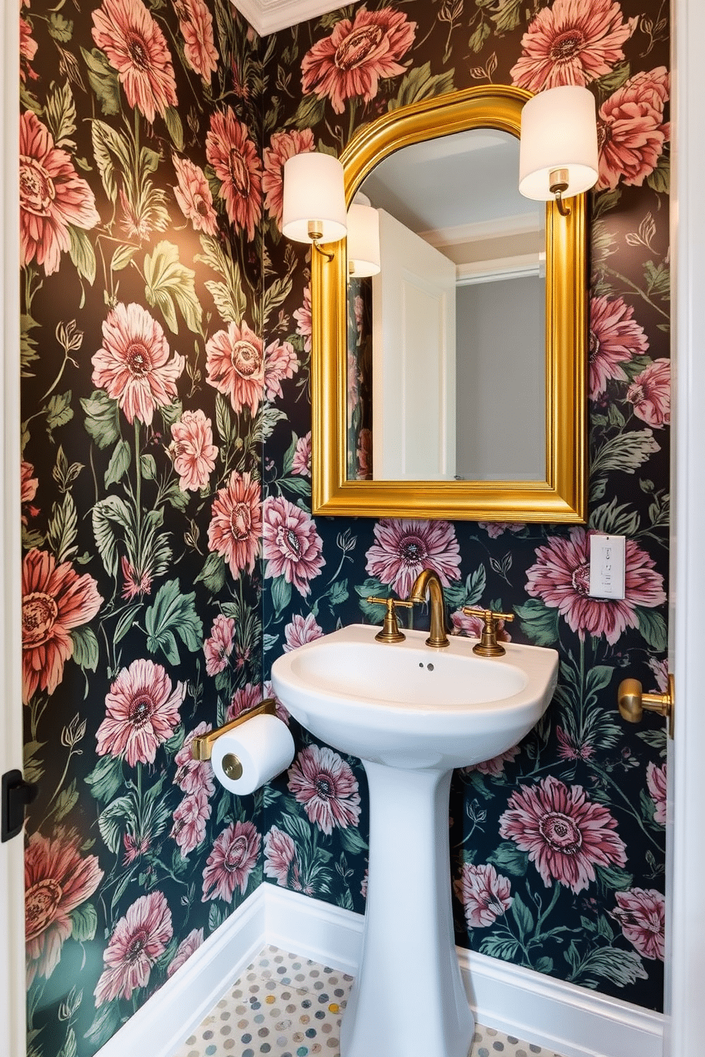 A trendy powder room features bold floral wallpaper that adds dramatic flair to the space. The room is accented with a sleek pedestal sink and a chic gold-framed mirror, creating a stylish focal point.